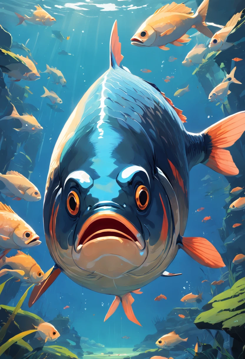 graphic art, Flat illustration of a large fish , limpeza altamente detalhada, imagem vetorial, fundo branco plano, Vibrando, vetor, peixe pulando, realista