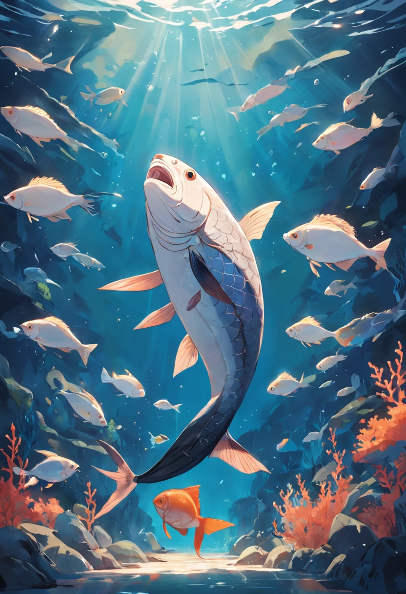 graphic art, Flat illustration of a large fish , limpeza altamente detalhada, imagem vetorial, fundo branco plano, Vibrando, vetor, peixe pulando, realista