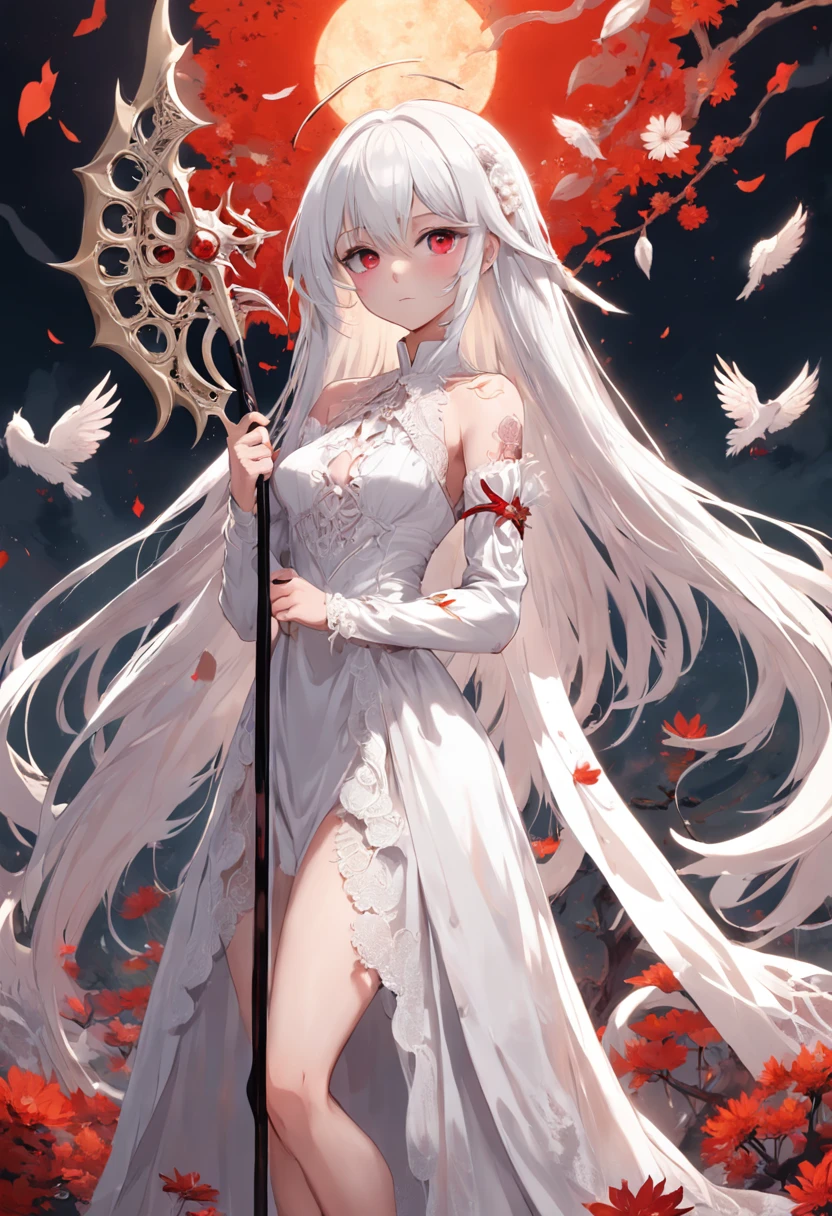 Wearing an extra-long lace white dress，Girl with white hair and red pupils，Fantastic and gorgeous，With white flowers and feathers on the head，A large white scythe in his hand