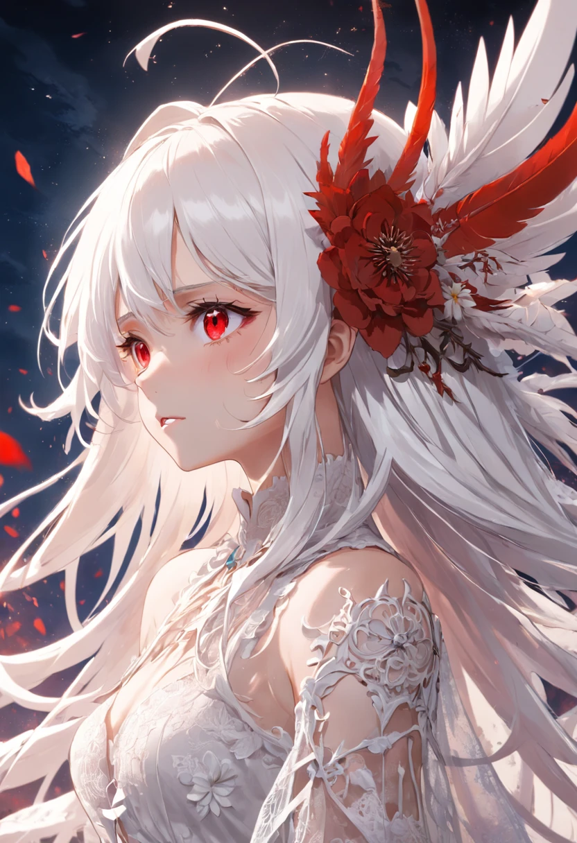 Wearing an extra-long lace white dress，Girl with white hair and red pupils，Fantastic and gorgeous，With white flowers and feathers on the head，A large white scythe in his hand