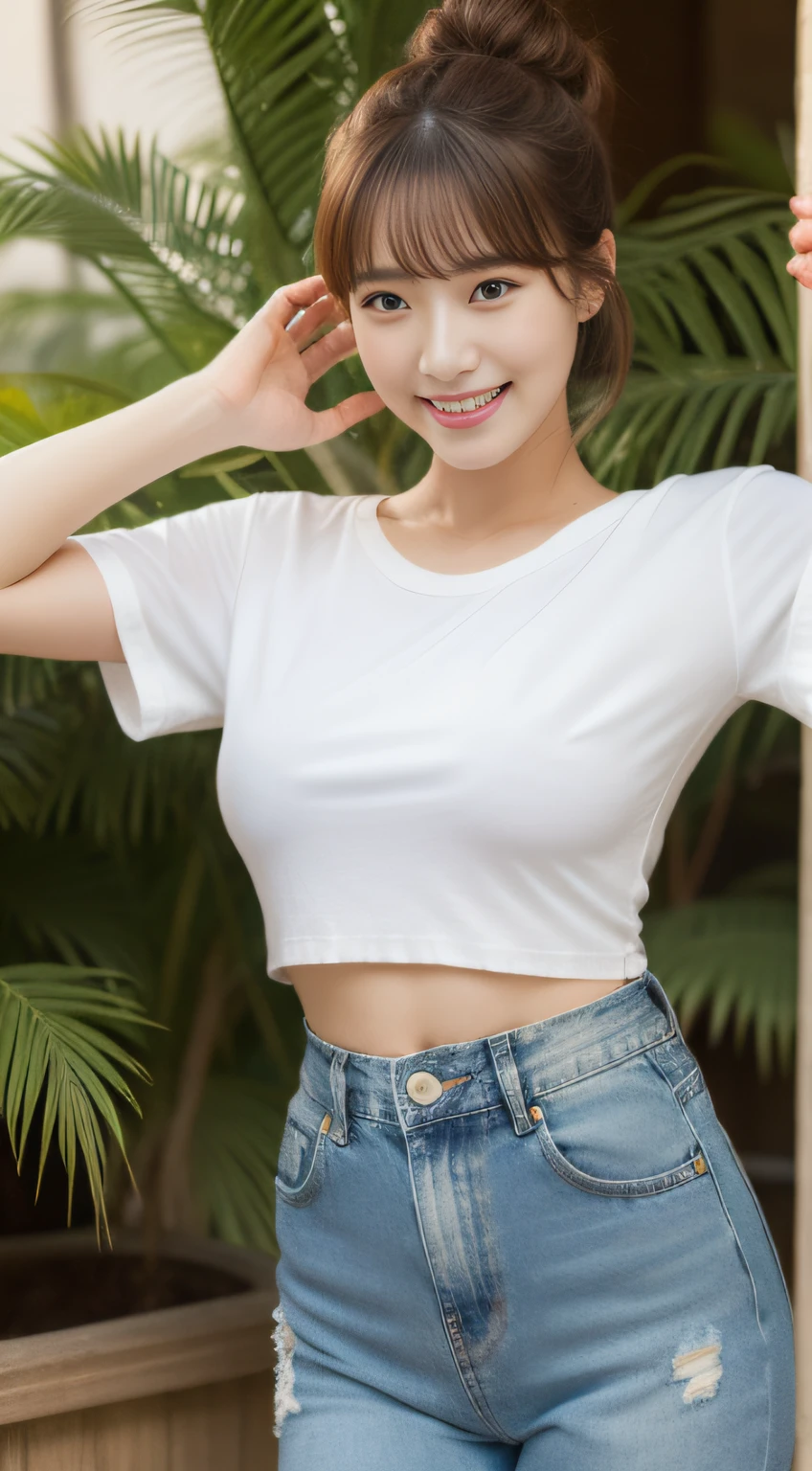 ((Best Masterpiece)), ((High Quality)), ((Real)), ((8k)) ((2 beatiful girls)) ,((white t-shirt and tight denim pants)), Japan persons, 30 years old, 2 beauty, slender, sony slr photography, looking at camera, cute, swimwear, nature, real, posing, super high quality, photography, good friend, big beauty, small beauty, parasol, string bun, String bra, alone with two, palm trees, moles under eyes, moles around the mouth ((large breasts)) ,cowboy shot,((smile)) ((half updo)) ((bronze hair)), cowboy shot