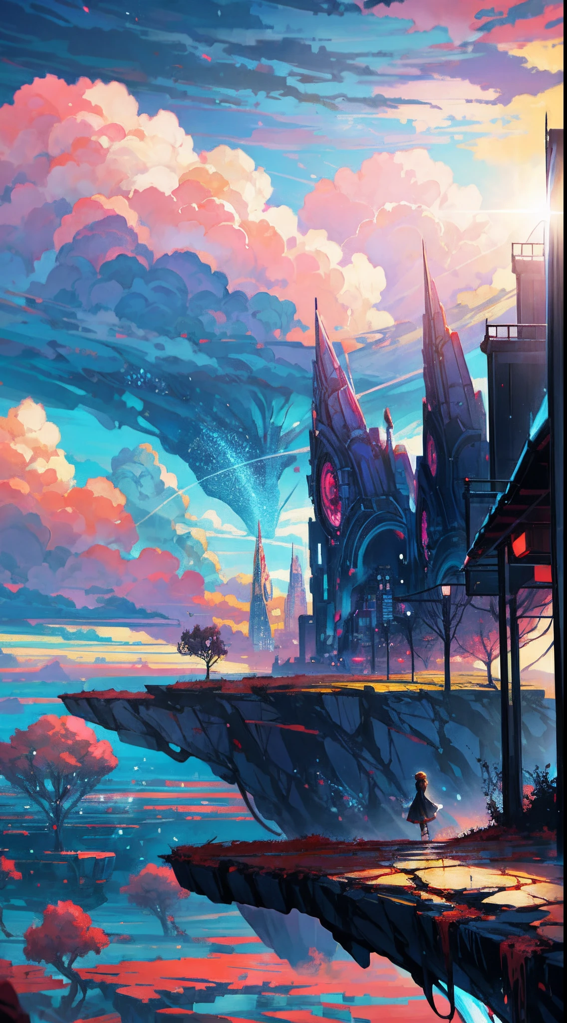 Anime girl standing in big city looking at rainbow sky,Near Future City、 makoto shinkai cyril rolando, anime art wallpaper 4k, anime art wallpaper 4k, Anime art wallpaper 8k, inspired by Cyril Rolando, in the style dan mumford artwork, amazing wallpapers, by Yuumei