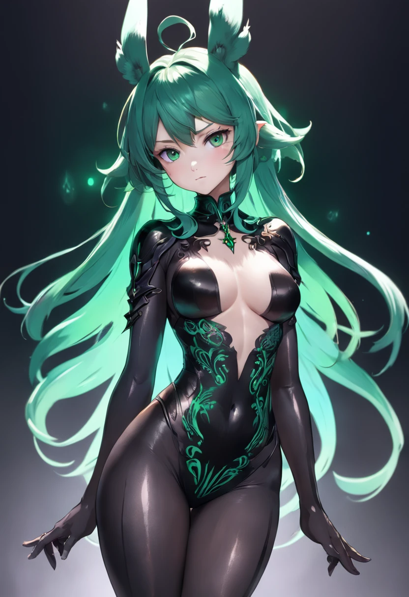 The whole body is beautiful and gorgeous Final Fantasy style bunny and human-like, clean detailed faces, intricate clothing, analogous colors, Glowing shadows, beautiful gradients, depth of fields, CLEAN IMAGE, High quality, high detailing, High Definition, Luminous Studio graphics engine. .....Queen Shadow has a sleek and mysterious appearance, Midnight black fur and pierced emerald green eyes. She has a stylized crescent moon tattoo on her right shoulder、Her aura exudes something dark, Spooky energy. She wears a flowing black cloak with silver lining, A tight-fitting black suit that shows off its supple figure.