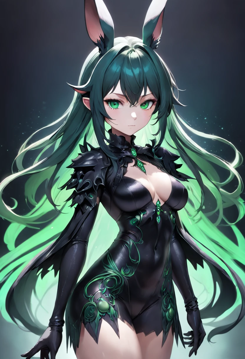 The whole body is beautiful and gorgeous Final Fantasy style bunny and human-like, clean detailed faces, intricate clothing, analogous colors, Glowing shadows, beautiful gradients, depth of fields, CLEAN IMAGE, High quality, high detailing, High Definition, Luminous Studio graphics engine. .....Queen Shadow has a sleek and mysterious appearance, Midnight black fur and pierced emerald green eyes. She has a stylized crescent moon tattoo on her right shoulder、Her aura exudes something dark, Spooky energy. She wears a flowing black cloak with silver lining, A tight-fitting black suit that shows off its supple figure.