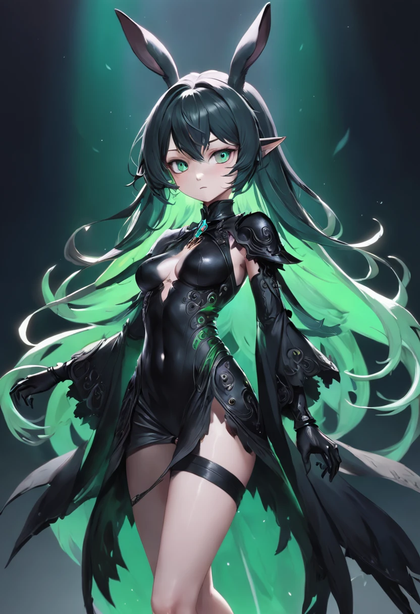 The whole body is beautiful and gorgeous Final Fantasy style bunny and human-like, clean detailed faces, intricate clothing, analogous colors, Glowing shadows, beautiful gradients, depth of fields, CLEAN IMAGE, High quality, high detailing, High Definition, Luminous Studio graphics engine. .....Queen Shadow has a sleek and mysterious appearance, Midnight black fur and pierced emerald green eyes. She has a stylized crescent moon tattoo on her right shoulder、Her aura exudes something dark, Spooky energy. She wears a flowing black cloak with silver lining, A tight-fitting black suit that shows off its supple figure.