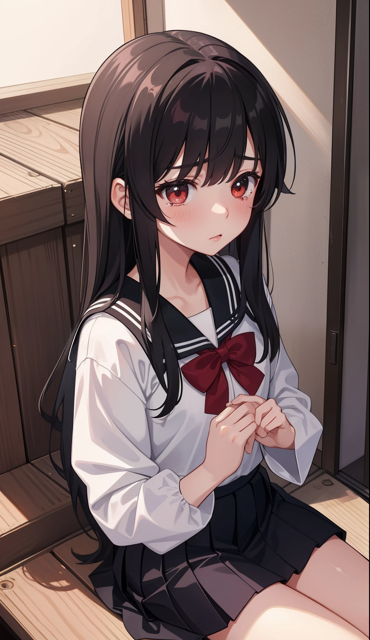 1girl in、AS-Adult、mournful、shed tears、The shirt、skirt by the、(small tits)Chilarism、Japan High School Student Uniform、serafuku、summer clothing、(Sheer Bra)、Upper body portrait、