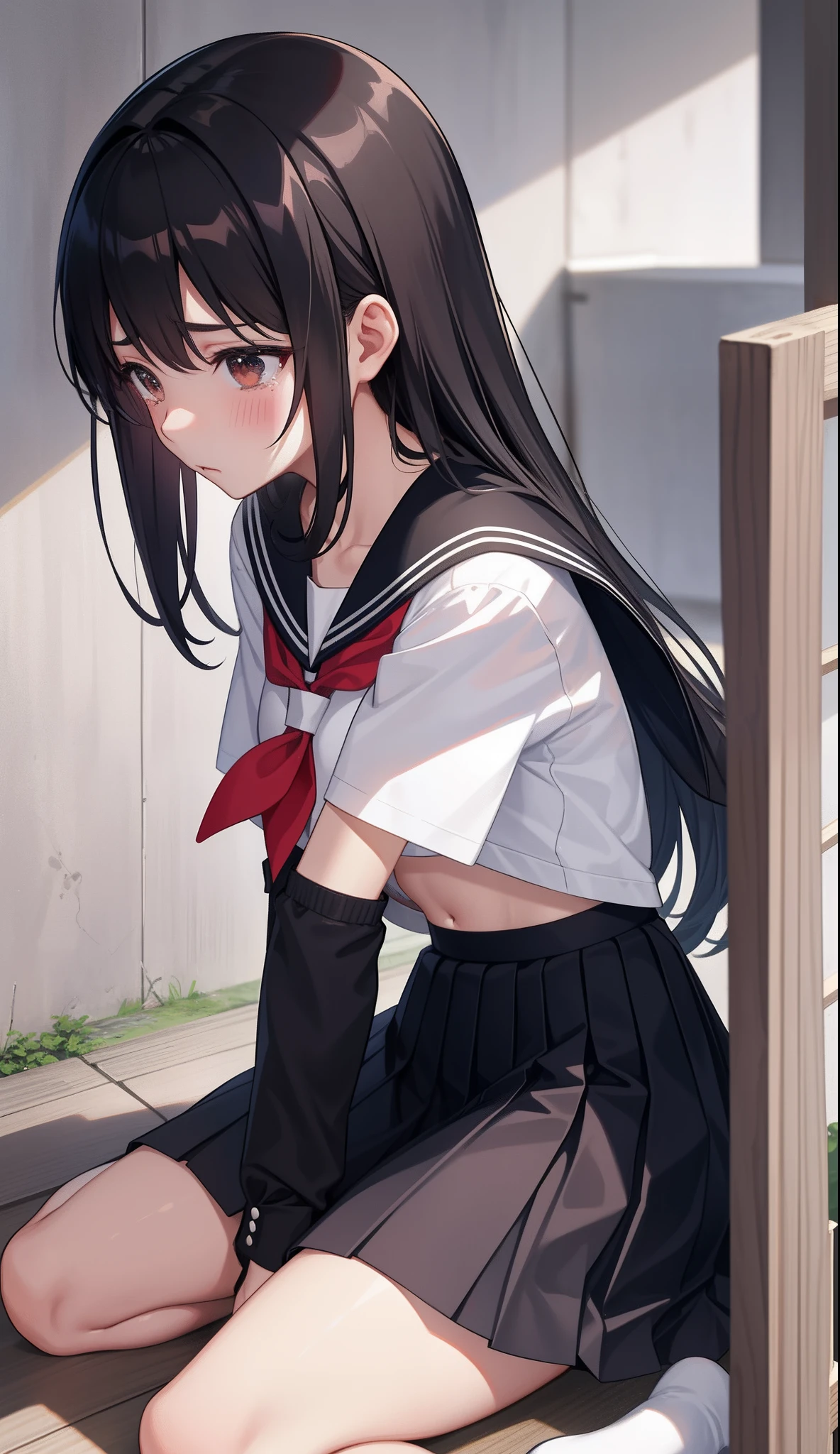 1girl in、AS-Adult、mournful、shed tears、The shirt、skirt by the、(small tits)Chilarism、Japan High School Student Uniform、serafuku、summer clothing、(Sheer Bra)、Upper body portrait、
