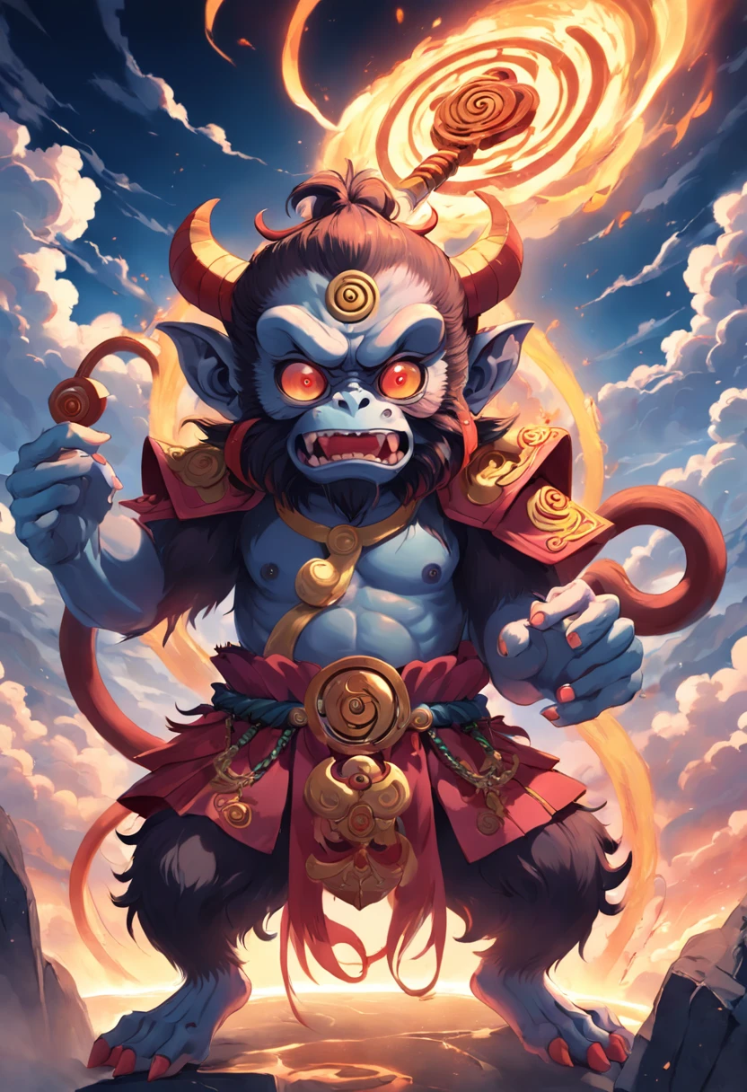 Three-eyed demon monkey，Surrounded by auspicious clouds，Armed with a gold stick