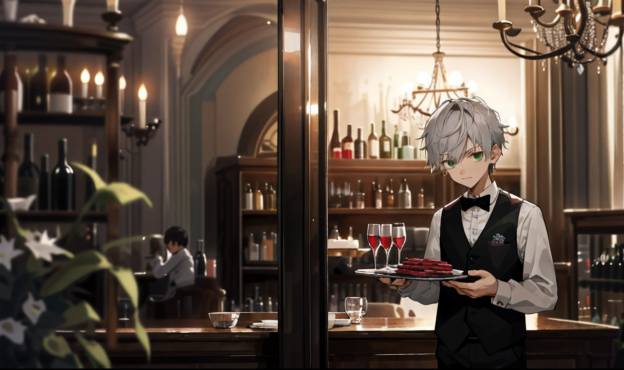 A cold and handsome little boy,Gray hair and green eyes,Wear waiter clothing,Carrying plates,On the plate are wine glasses and grapes,Pour the wine into the glass,Black vest white shirt,At the bar in the evening,The scene is dark,At night, The chandelier is black,The large wine cabinet was full of wine bottles,The bookcase was full of books,delicate embellishments,Red velvet sofa,delicate embellishments,Floral arrangement decoration