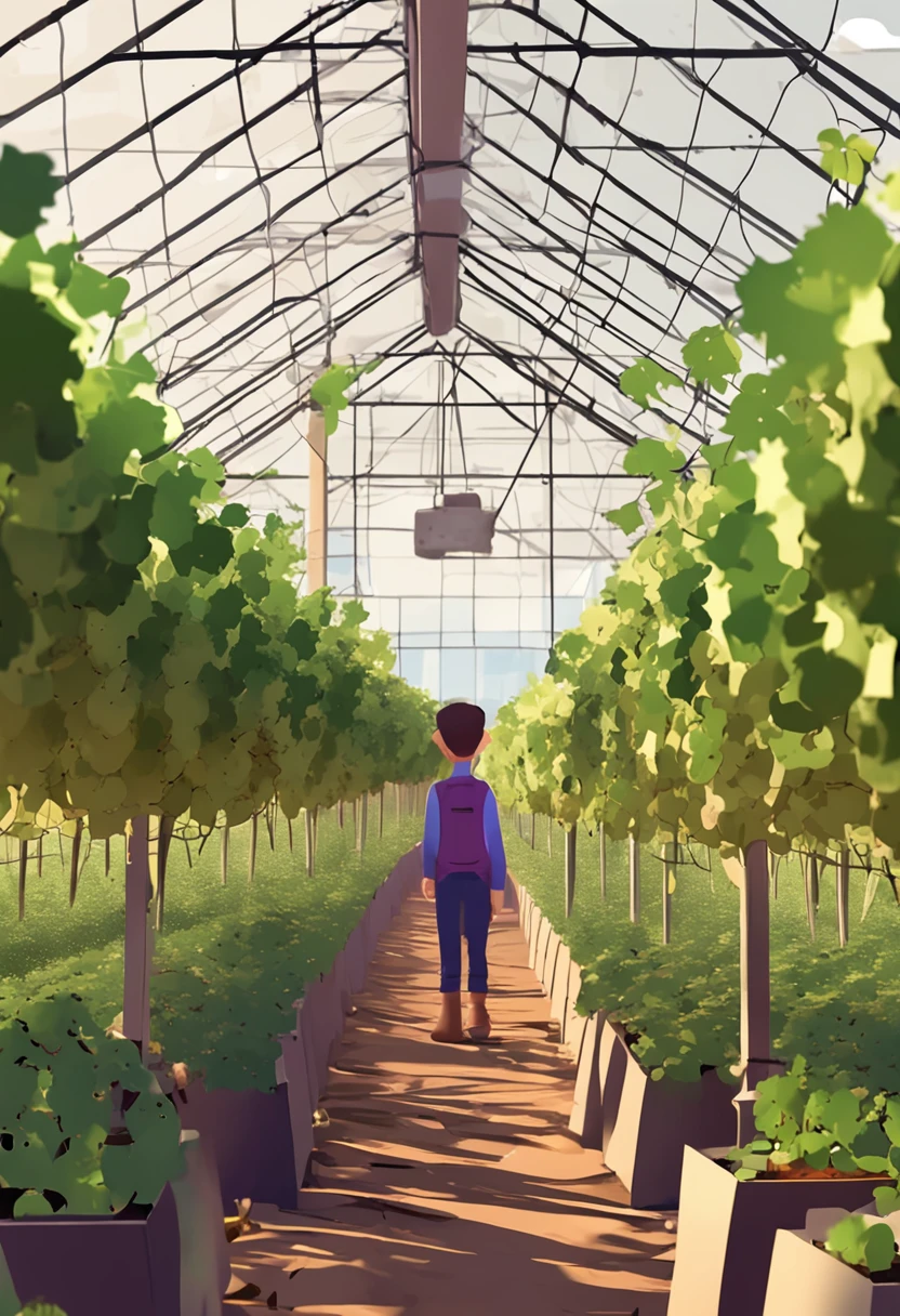A giant smart greenhouse vineyard，The grapes inside are purple，There are all kinds of robots，There are robots for automatic watering，There are robots for automatic picking，There are robots for pest and weeding，And drones to spread pesticides，Full of technology。Cartoon kid style，Mark strokes、Stick figure drawing style