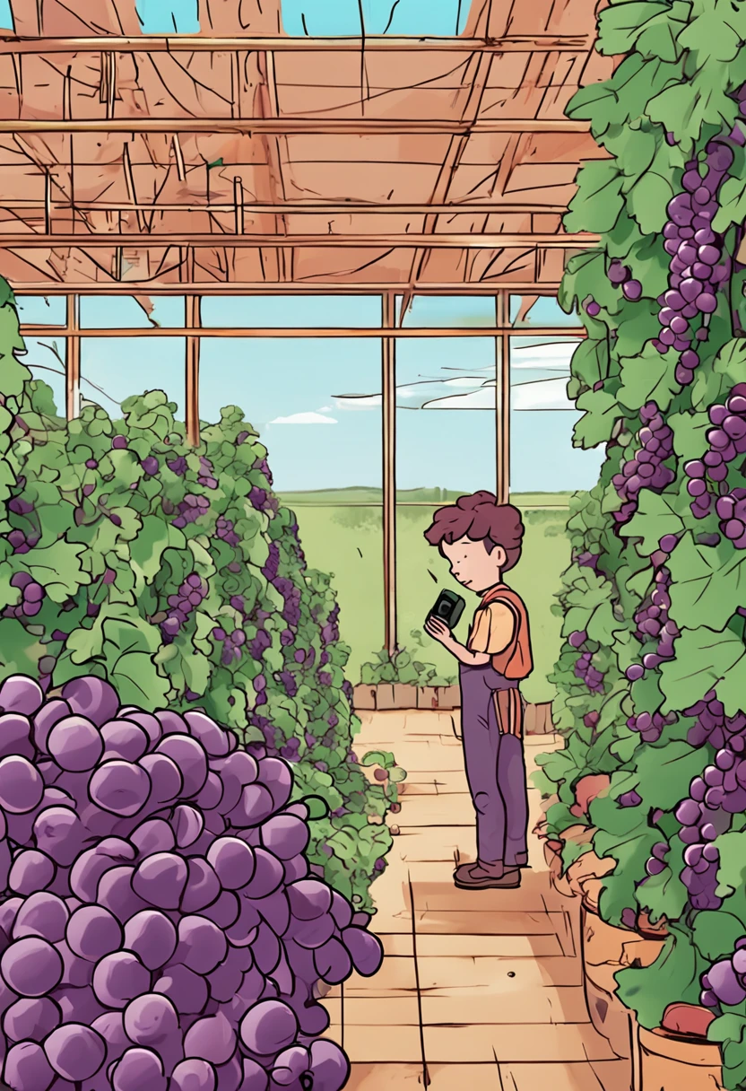 A giant smart greenhouse vineyard，The grapes inside are purple，There are all kinds of robots，There are robots for automatic watering，There are robots for automatic picking，There are robots for pest and weeding，And drones to spread pesticides，Full of technology。Cartoon ??? style，Mark strokes、Stick figure drawing style