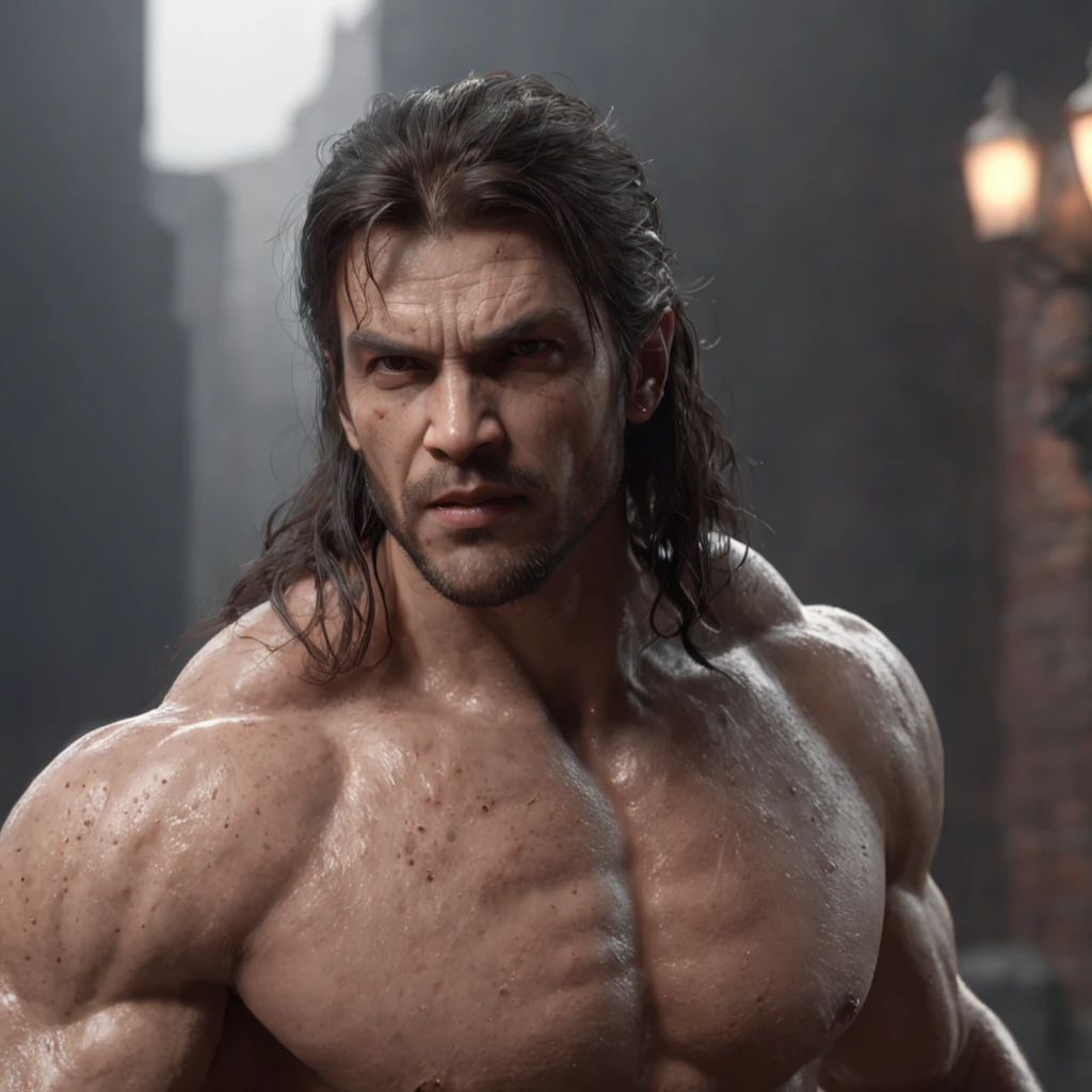 (professional 3d render:1.3) af (Realistic:1.3) most beautiful artwork photo in the world,Features soft and shiny male heroes, ((Epic hero fantasy muscle man rough wet hero angry look long hair short beard and ferocious expression in dynamic pose, Fantastic location, Majestic cluttered environment)), full body 8k unity render, action shot, skin pore, very dark lighting, heavyshading, Detailed, Detailed face, (vibrant, photograph realistic, Realistic, Dramatic, Dark, Sharp focus, 8K), (Old leather garments damaged by weathering:1.4), ((((Wear fur)))), (Intricate:1.4), decadent, (Highly detailed:1.4), Digital painting, rendering by octane, art stations, concept-art, smooth, Sharp focus, illustration, Art germ, (loish:0.23), wlop ilya kuvshinov, and greg rutkowski and alphonse mucha gracias, (Global illumination, Studio light, volumettic light), heavy rain, particles floating, lotr, fantasy, elf, full bodyesbian, ((Dark and ancient city background:1.3)),CGSesociety,art stations