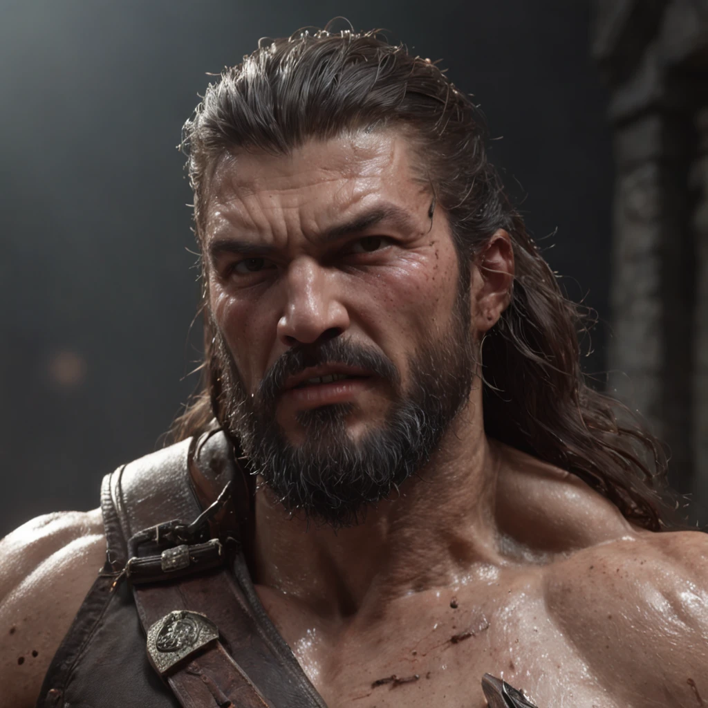 (professional 3d render:1.3) af (Realistic:1.3) most beautiful artwork photo in the world,Features soft and shiny male heroes, ((Epic hero fantasy muscle man rough wet hero angry look long hair short beard and ferocious expression in dynamic pose, Fantastic location, Majestic cluttered environment)), full body 8k unity render, action shot, skin pore, very dark lighting, heavyshading, Detailed, Detailed face, (vibrant, photograph realistic, Realistic, Dramatic, Dark, Sharp focus, 8K), (Old leather garments damaged by weathering:1.4), ((((Wear fur)))), (Intricate:1.4), decadent, (Highly detailed:1.4), Digital painting, rendering by octane, art stations, concept-art, smooth, Sharp focus, illustration, Art germ, (loish:0.23), wlop ilya kuvshinov, and greg rutkowski and alphonse mucha gracias, (Global illumination, Studio light, volumettic light), heavy rain, particles floating, lotr, fantasy, elf, full bodyesbian, ((Dark and ancient city background:1.3)),CGSesociety,art stations