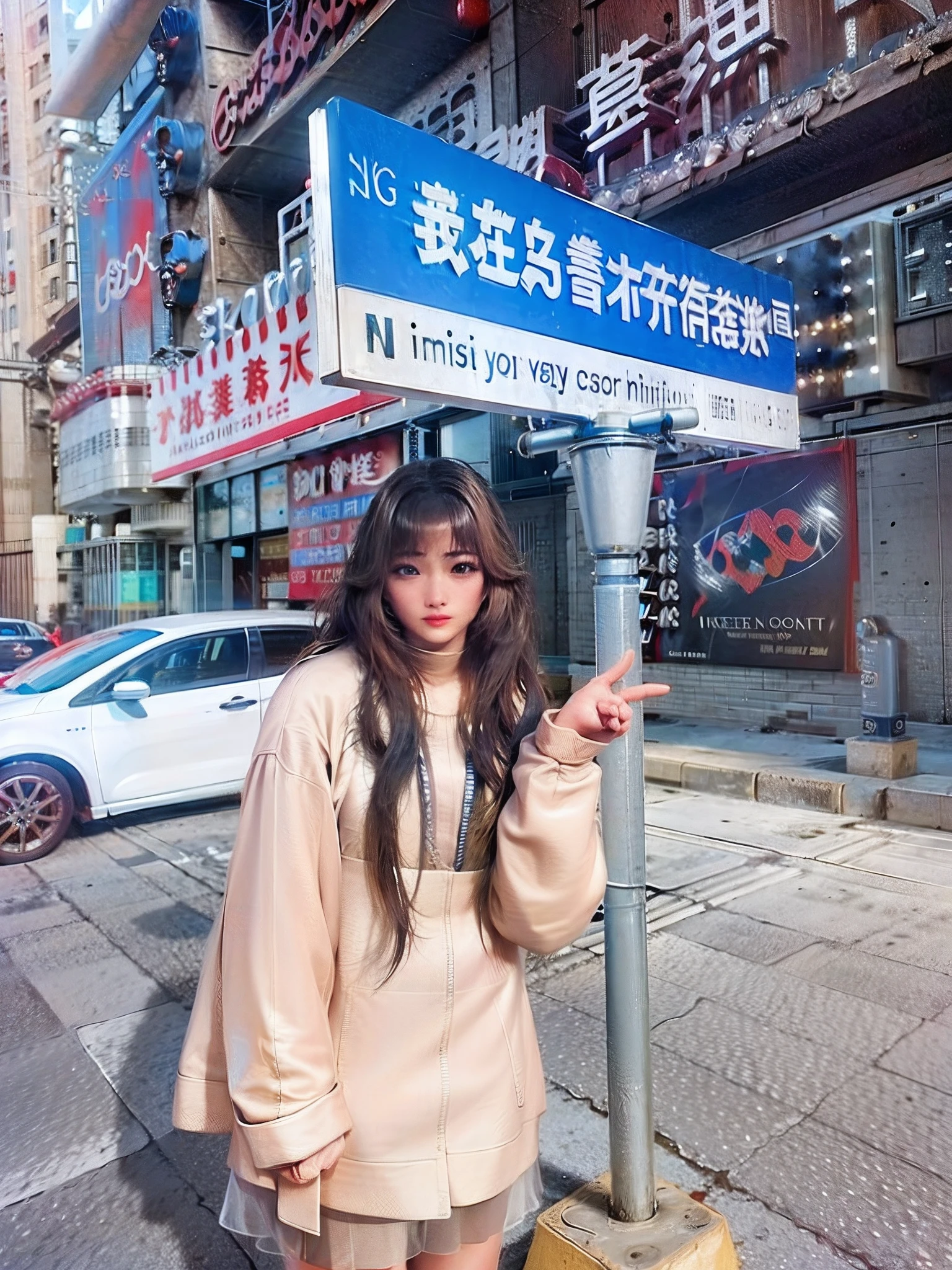 Chinese woman standing in front of a foreign language street sign, long whitr hair,Thick bangs, ulzzangs, Asian girl with long hair, Long hair with bangs, Brown hair long,By bangs, xintong chen, girl with super long hair, inspired by Ma Yuanyu, With long hair, trending at cgstation, lalisa manobal