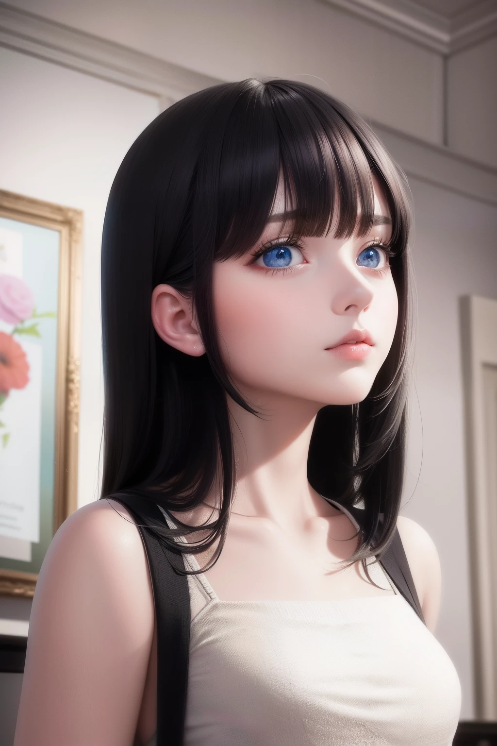 best quality, masterpiece, black hair, blue eyes, looking up, upper body