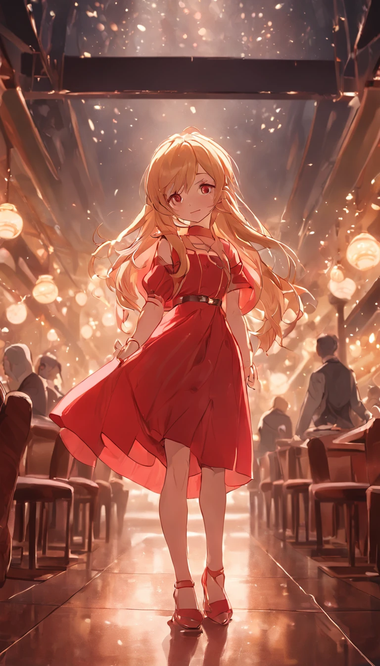 cinematic quality，Disney Animation Style，Cute girl with long golden hair in red dress。Restaurant at night。Detailed hair，high-heels，depth of fields，Highlight，Real Light，Ray traching，OC rendering，Ultra photo realsisim，best qualtiy，in 8K，Master the technology，Detailed anatomy of the human body，sharp focus on eyes，Detailed depiction of facial features，bokeh effects,longshot