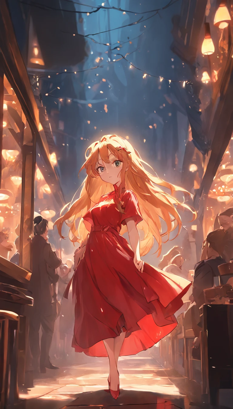 cinematic quality,Disney Animation Style,Cute girl with long golden hair in red dress。Restaurant at night。Detailed hair,high-heels,depth of fields,Highlight,Real Light,Ray traching,OC rendering,Ultra photo realsisim,best qualtiy,in 8K,Master the technology,Detailed anatomy of the human body,sharp focus on eyes,Detailed depiction of facial features,bokeh effects,longshot