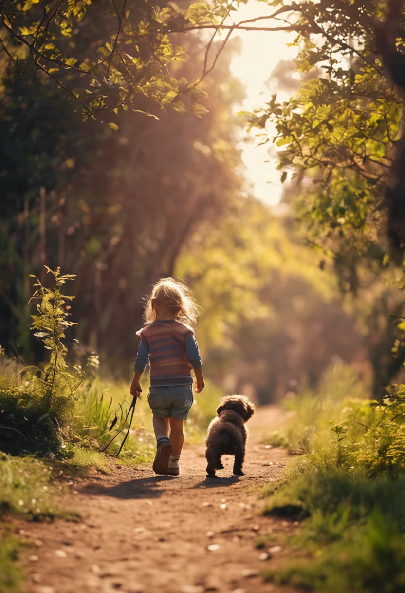 A 3-year-old girl walking down the farm path is followed by a dog