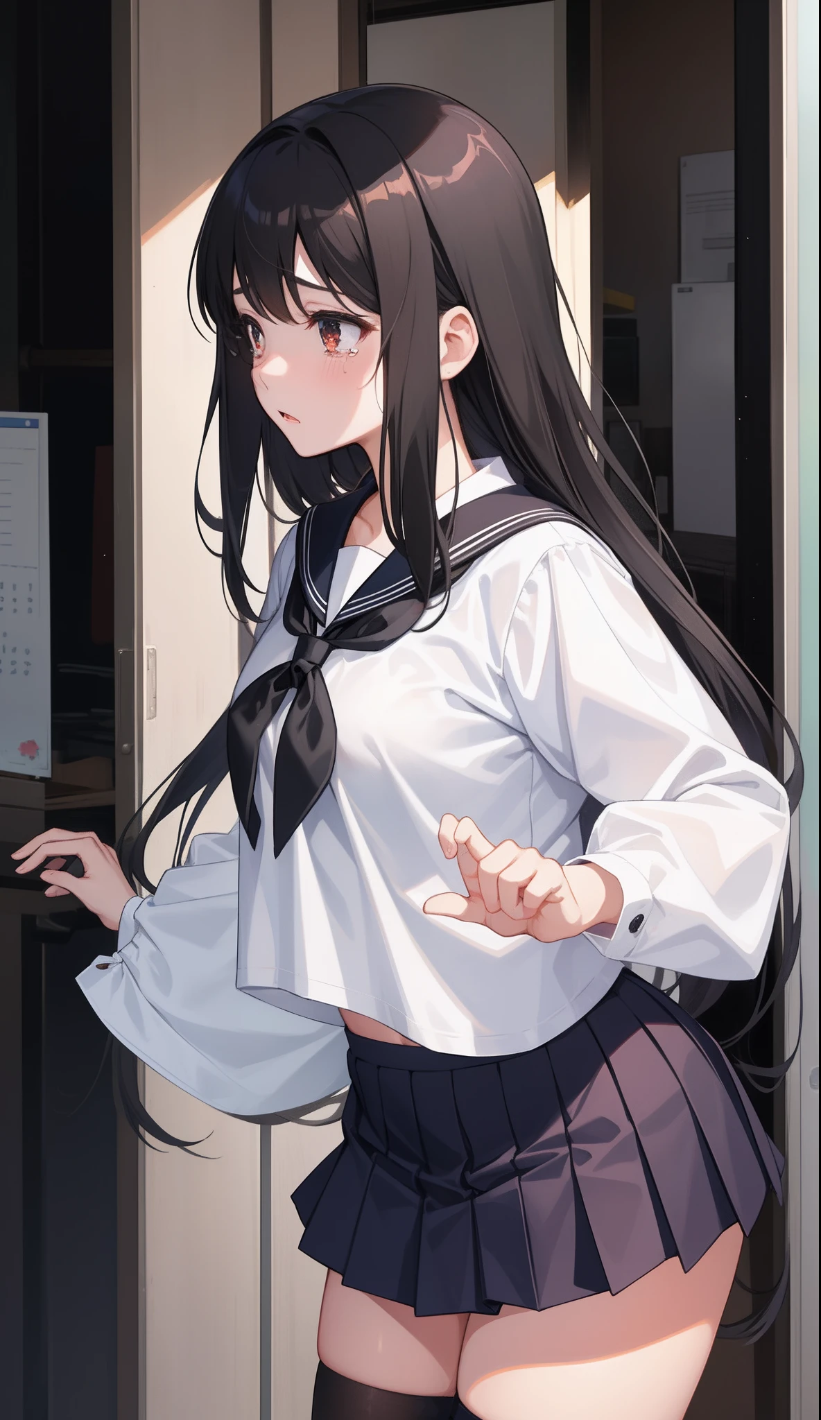 1girl in、AS-Adult、mournful、shed tears、The shirt、skirt by the、(small tits)Chilarism、Japan High School Student Uniform、serafuku、summer clothing、(Sheer Bra)、Upper body portrait、