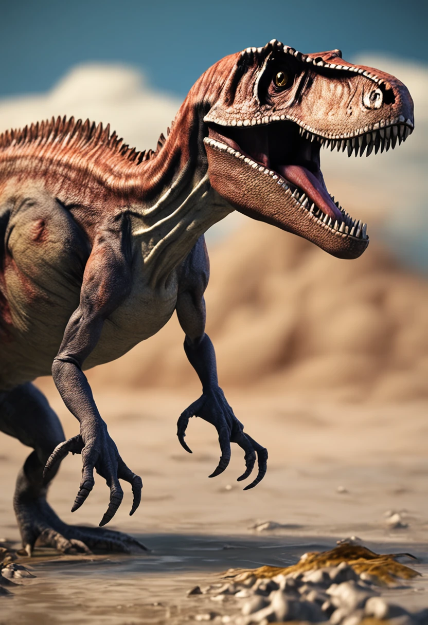 Allosaurus walks in silt，The legs were flooded with mud，The body is covered in mud