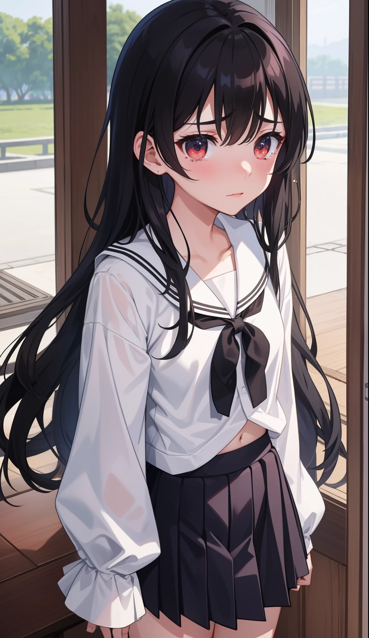 1girl in、AS-Adult、mournful、shed tears、The shirt、skirt by the、(small tits)Chilarism、Japan High School Student Uniform、serafuku、summer clothing、(Sheer Bra)、Upper body portrait、