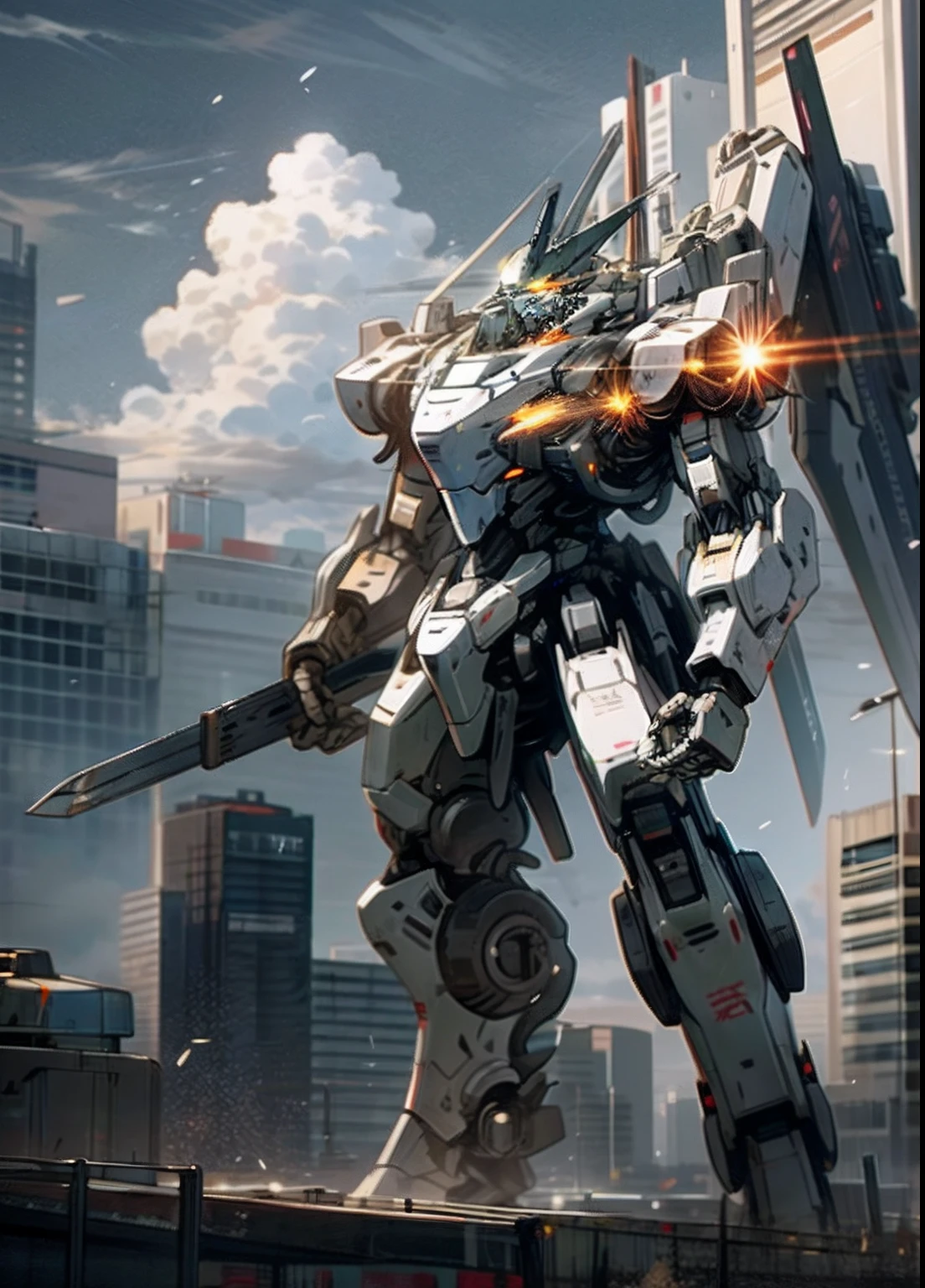 sky, cloud, holding_weapon, no_humans, glowing, , robot, building, glowing_eyes, mecha, science_fiction, city, realistic,mecha