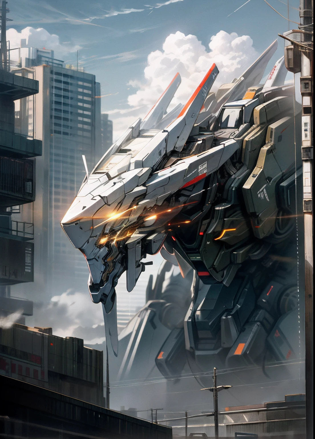 sky, cloud, holding_weapon, no_humans, glowing, , robot, building, glowing_eyes, mecha, science_fiction, city, realistic,mecha