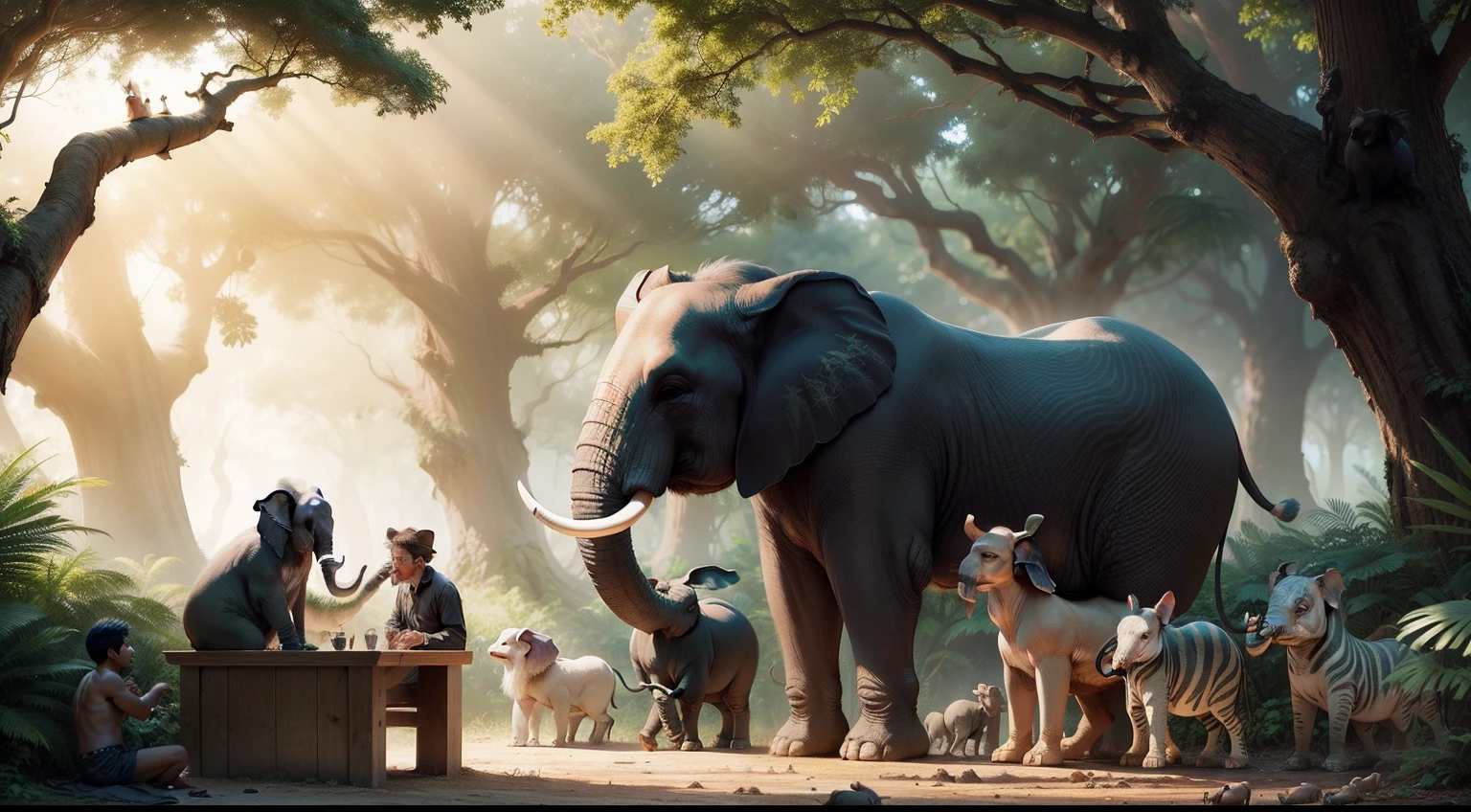 In a vast jungle, animals of all sizes lived peacefully. They gathered in the Great Oak's shade for meetings called by the wise elephant, Ella, cartoon style,,
