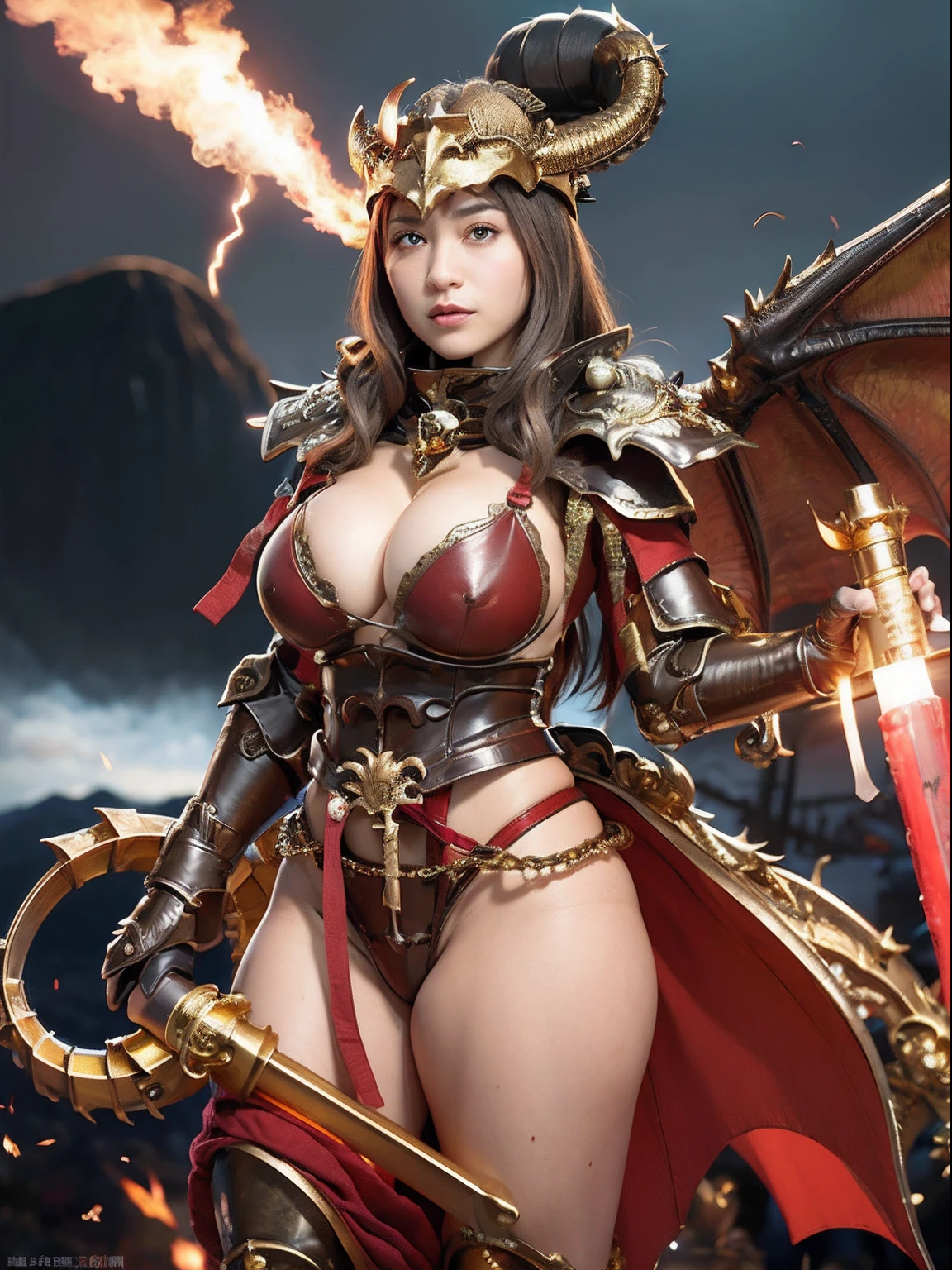 Professional , masterpiece、top-quality、photos realistic , depth of fields 、(Dragon Red Metal Body:1.9),(Matte Red、(cleavage of the breast)、Dragon Gold Weapon、(Red Micro Bikini Armor:1.4),Gorgeous gold weapons ,(( Dragon's dense and gorgeous sword)) , (demonic wings)、((a blond))、(Castle background)、((Gangle's forest background))、Beautiful Caucasian beauty、1a person、dynamic ungle,(((Detailed and ornate dragon helmet)))、Smaller head、A smile、Castle background、Thin and beautiful female hands、cleavage of the breast、Soldier in iron armor on background、Mystical expression、Light Effects、intense fighting、Wind-effect、magic circles、With the legendary magic wand、Dragon's tail、explosions、