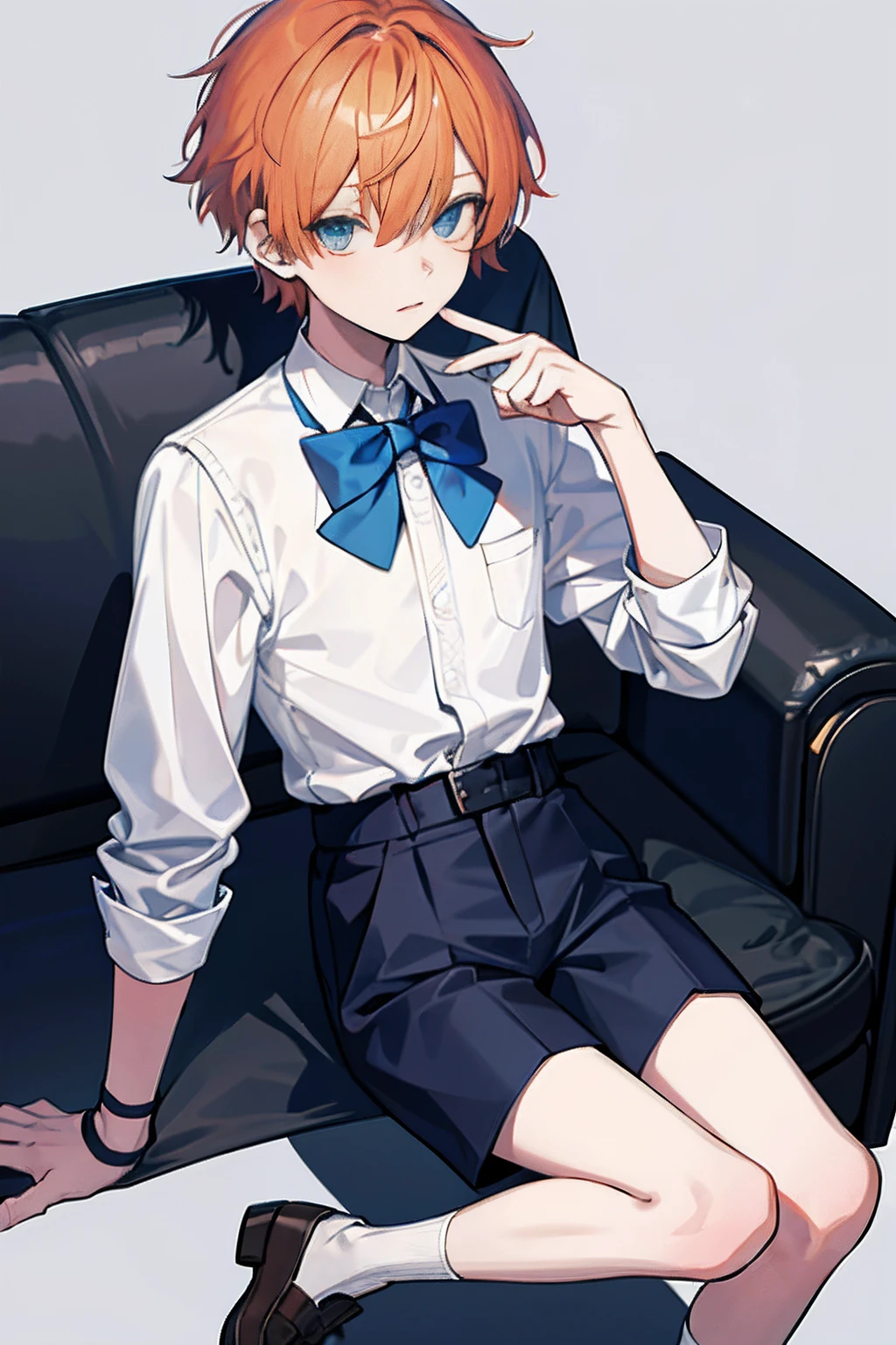 A juvenile male,orange short hair,blue color eyes,Bangs cover one eye,Wear a white shirt,The cuffs have long lace trims,blue bowtie,Blue bow and blue bow at the back waist,longer sleeves,Wearing black shorts,show legs,Wear white socks and leather shoes,wearing satchel,He wears black half-palm gloves on his hands,modern day,full bodyesbian