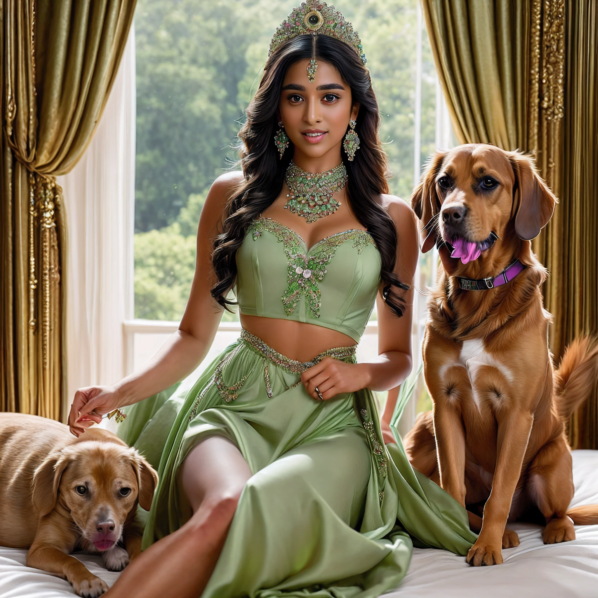 "Indian princess showcasing her toned stomach and long legs, adorned in an elegant jeweled light green dress, amidst a picturesque in bed. Playfully interacting with her dogs and dog licking princess leg. Realistic depiction with intricate details."