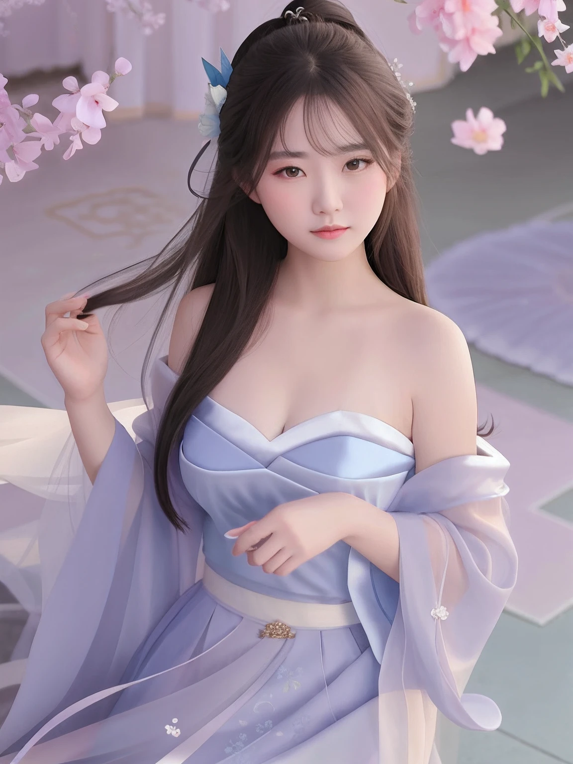 araffe asian woman in a blue dress posing for a picture, Ethereal beauty, gorgeous chinese models, a stunning young ethereal figure, White Hanfu, Chinese girl, Japanese goddess, Lovely woman, Palace , A girl in Hanfu, Middle metaverse, Guviz, cute elegant pose, with acient chinese clothes, By Leng Mei