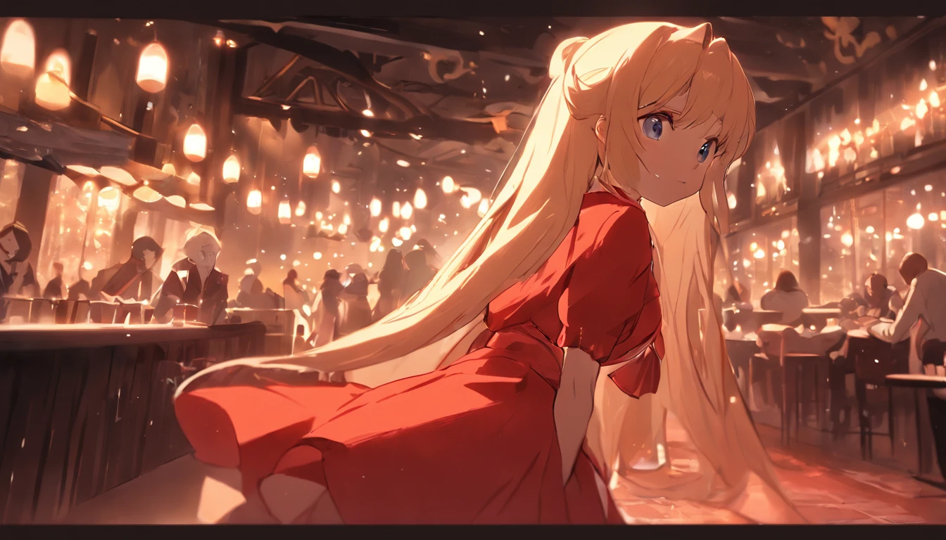 cinematic quality,Disney Animation Style,Cute girl with long golden hair in red dress。Restaurant at night。Detailed hair,high-heels,depth of fields,Highlight,Real Light,Ray traching,OC rendering,Ultra photo realsisim,best qualtiy,in 8K,Master the technology,Detailed anatomy of the human body,sharp focus on eyes,Detailed depiction of facial features,bokeh effects,longshot
