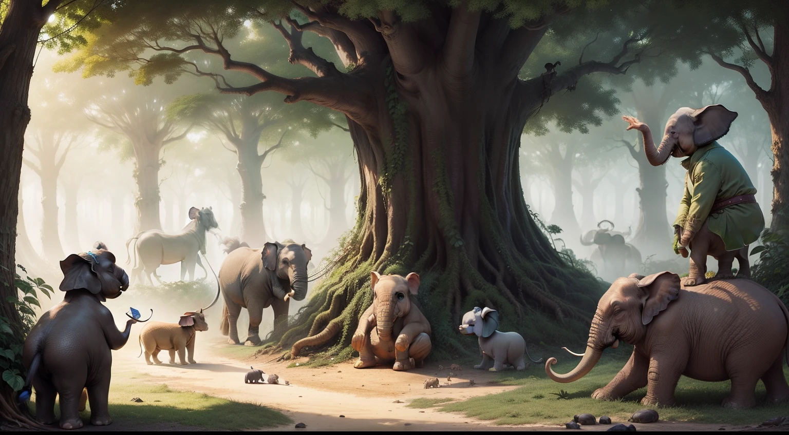 In a vast jungle, animals of all sizes lived peacefully. They gathered in the Great Oak's shade for meetings called by the wise elephant, Ella, cartoon style,,