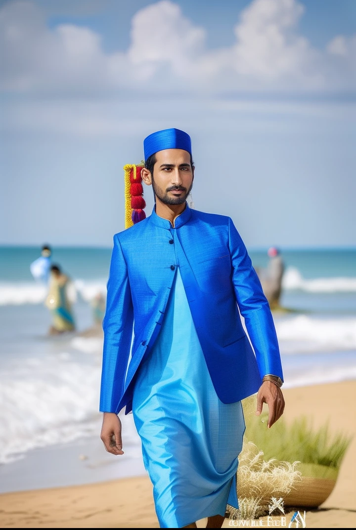 arafed man in a blue suit walking along a beach, blue colored traditional wear, dressed in a jodhpuri suit, assamese aesthetic, inspired by Bikash Bhattacharjee, mohamed chahin style, wearing a kurta, a handsome, wearing bihu dress mekhela sador, traditional clothes, wearing traditional garb, ayan nag