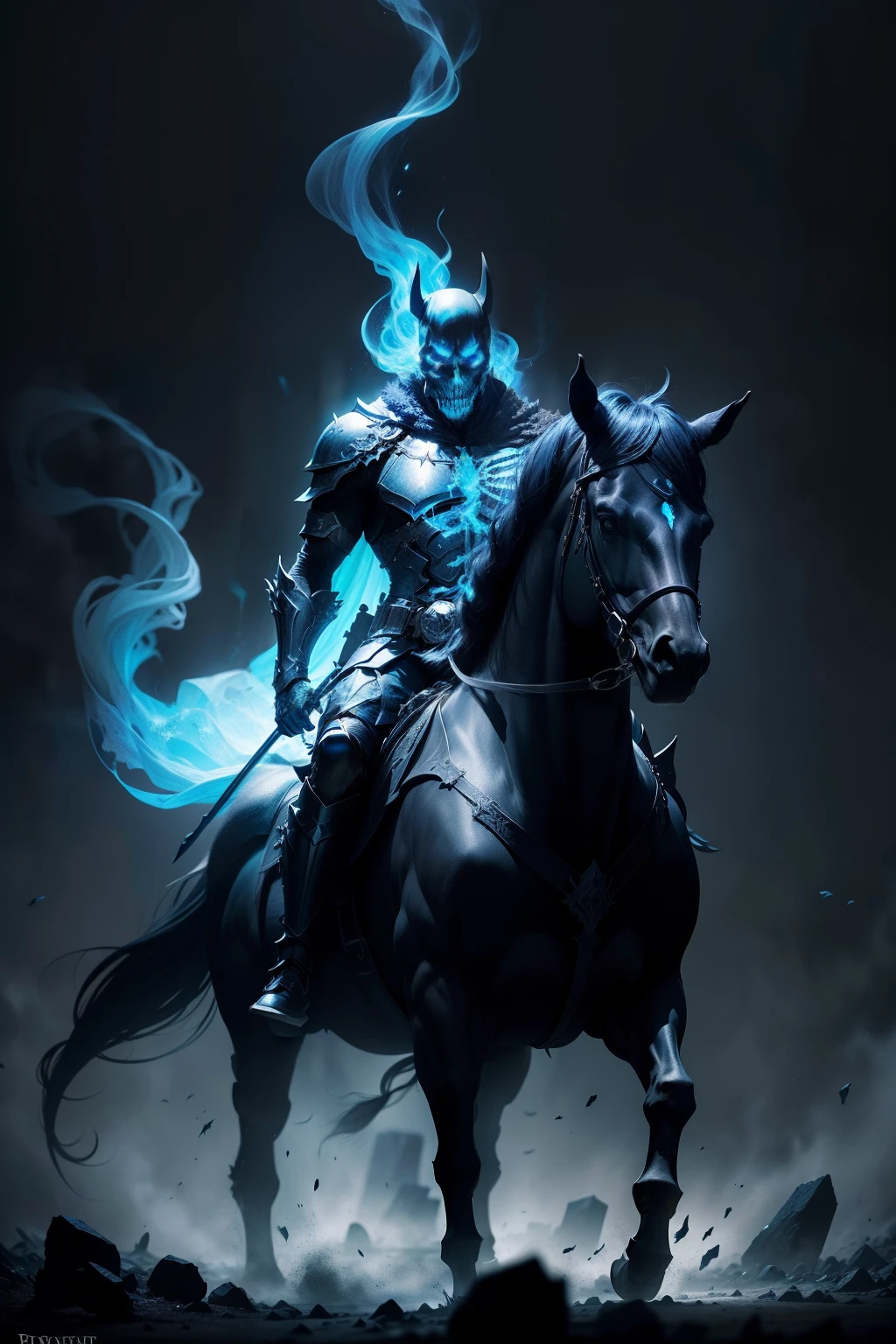 "A dark knight with the aura of the Skeleton King, Engulfed in enchanting blue and black flames, Ride on a majestic horse"