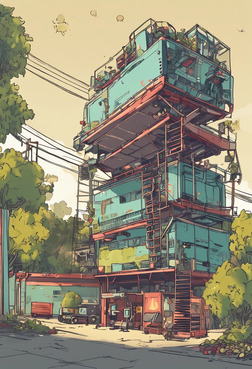 A three-story robot house,The house is movable,There is a lot of mechanical equipment outside。The first layer is transparent,A lot of grapes are grown inside,Robots picking grapes。The second layer has a lot of conveyor belts,The robot packs the grapes next to the conveyor belt。The third floor is the shop,Robots are selling packaged grapes。Cartoon ??? style,Mark strokes、Stick figure drawing style