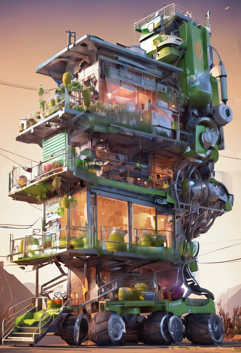 A three-story robot house，The house is movable，There is a lot of mechanical equipment outside。The first layer is transparent，A lot of grapes are grown inside，Robots picking grapes。The second layer has a lot of conveyor belts，The robot packs the grapes next to the conveyor belt。The third floor is the shop，Robots are selling packaged grapes。Cartoon ??? style，Mark strokes、Stick figure drawing style