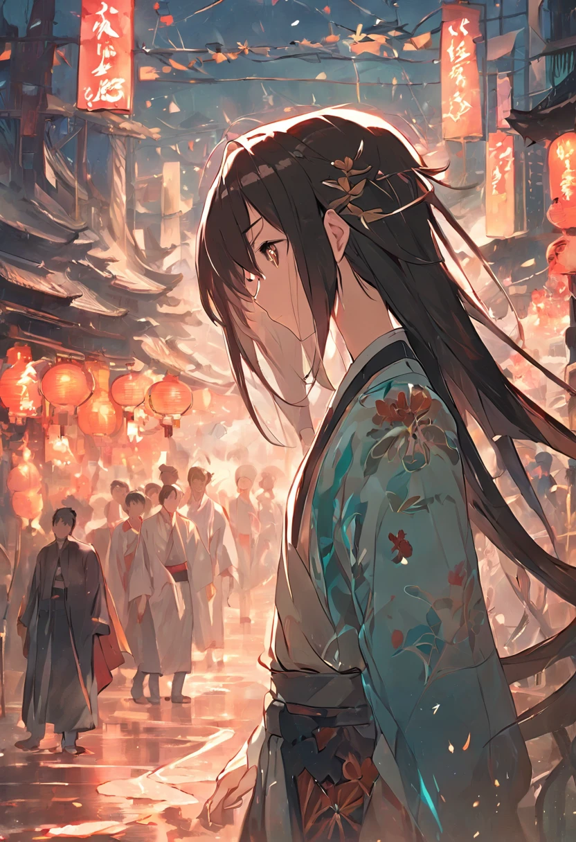 brunette color hair，Oriental costumes，long whitr hair，Slender figure，Bamboo and orchids，Long Gun，schoolboy