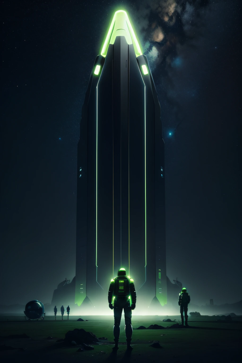Astronauts stand on the ground of a planet, Back view, stare into the distance, Futuristic style, Minimalist, Starry sky background, Black and fluorescent green