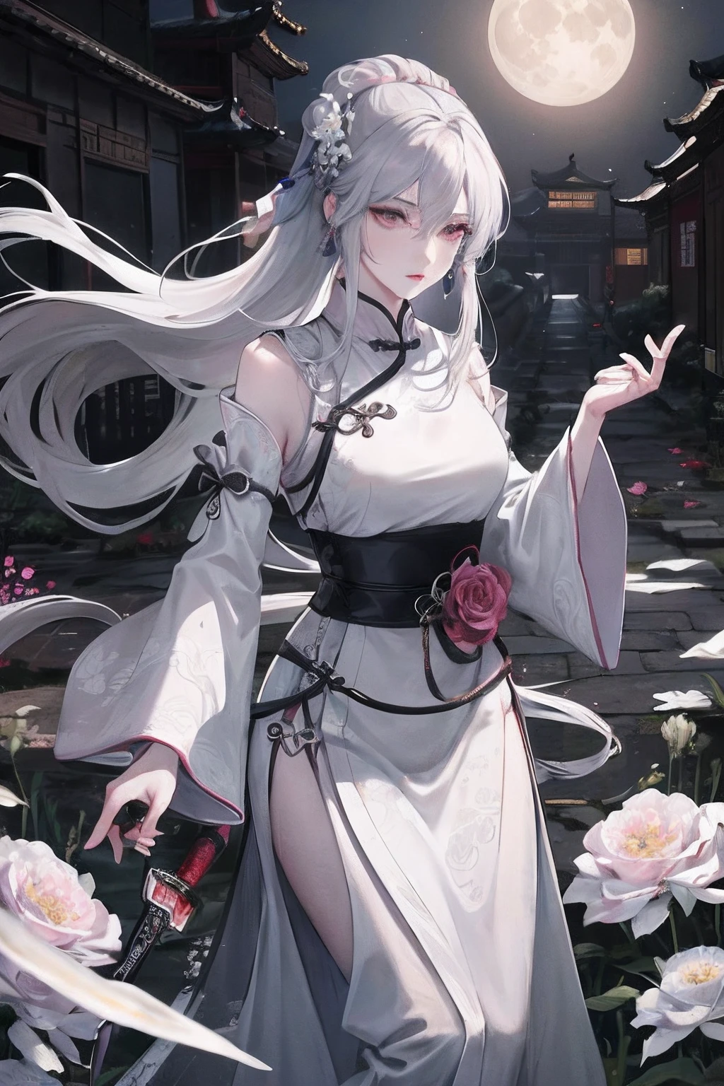 Masterpiece, Best, Night, Full Moon, 1 Female, Mature Woman, Chinese Style, Ancient China, Elder Sister, Royal Sister, Cold Face, Expressionless, Silver White Long Haired Woman, Pale Pink Lips, Calm, Intellectual, Three Belts, Gray Hitomi, assassin, dagger, flower ball background, street view