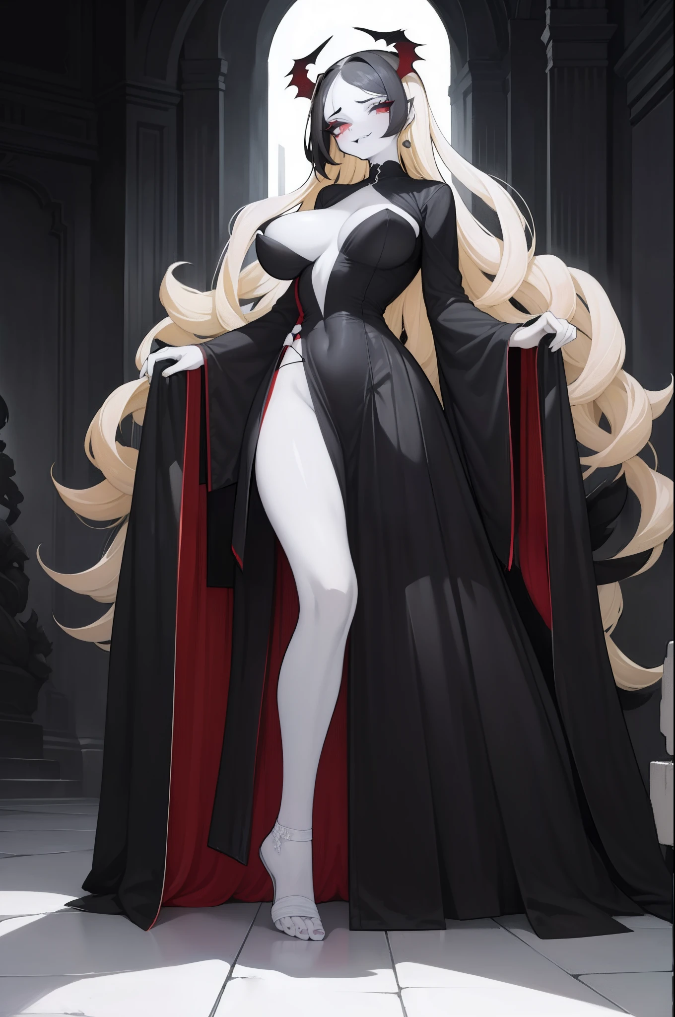 Adult woman, pale skin, Long black hair highlights blonde, gray eyes, red eyeshadow, Black Dress, open breasts, Masterpiece, high quality, Large breasts, Ray traching, Perfect Shadow, hight resolution, Enhanced eyes, Diabolical, Succubus, grinning evily, fangs, Huge breasts, Full body, Perfect feet,