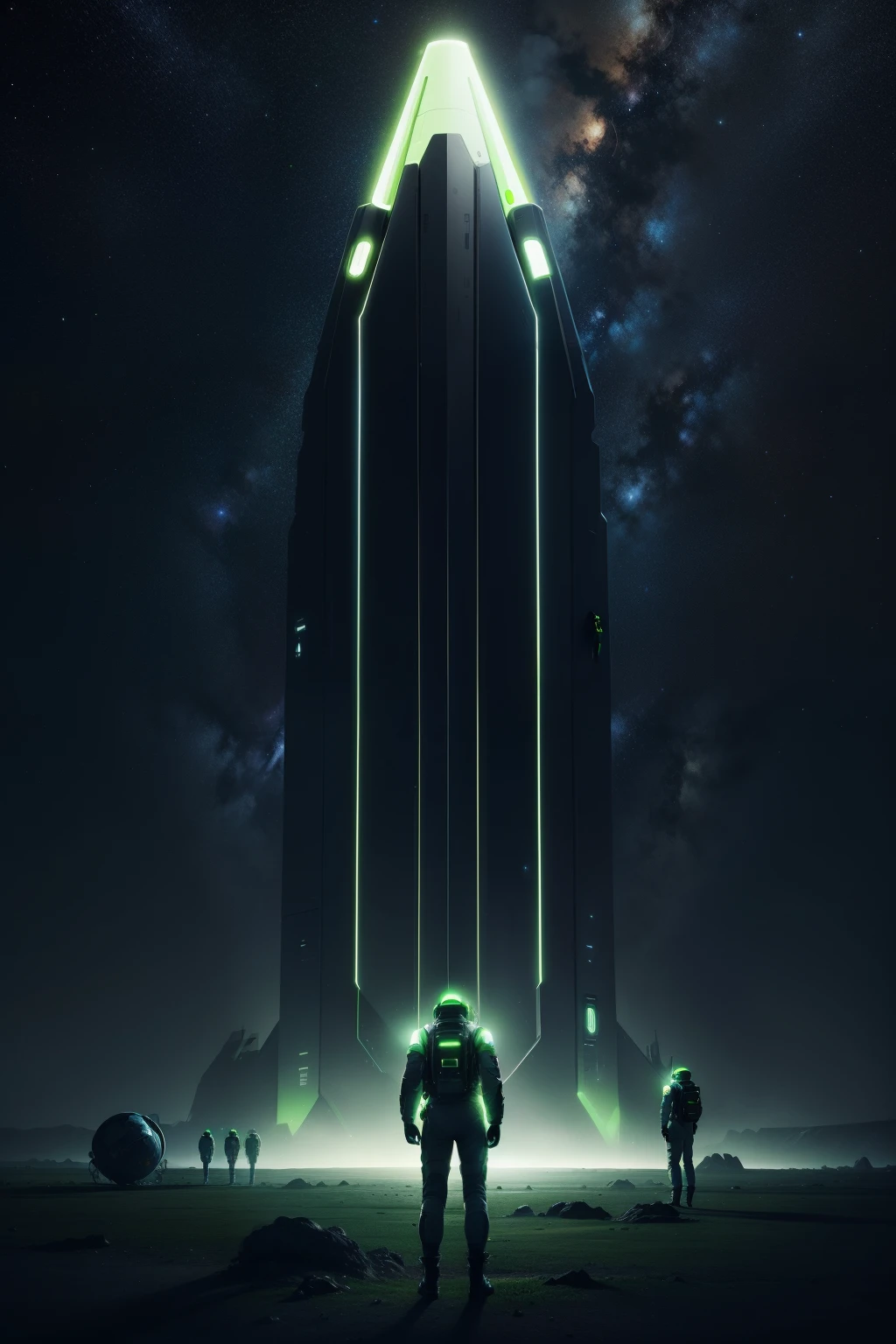 Astronauts stand on the ground of a planet, Back view, stare into the distance, Futuristic style, Minimalist, Starry sky background, Black and fluorescent green