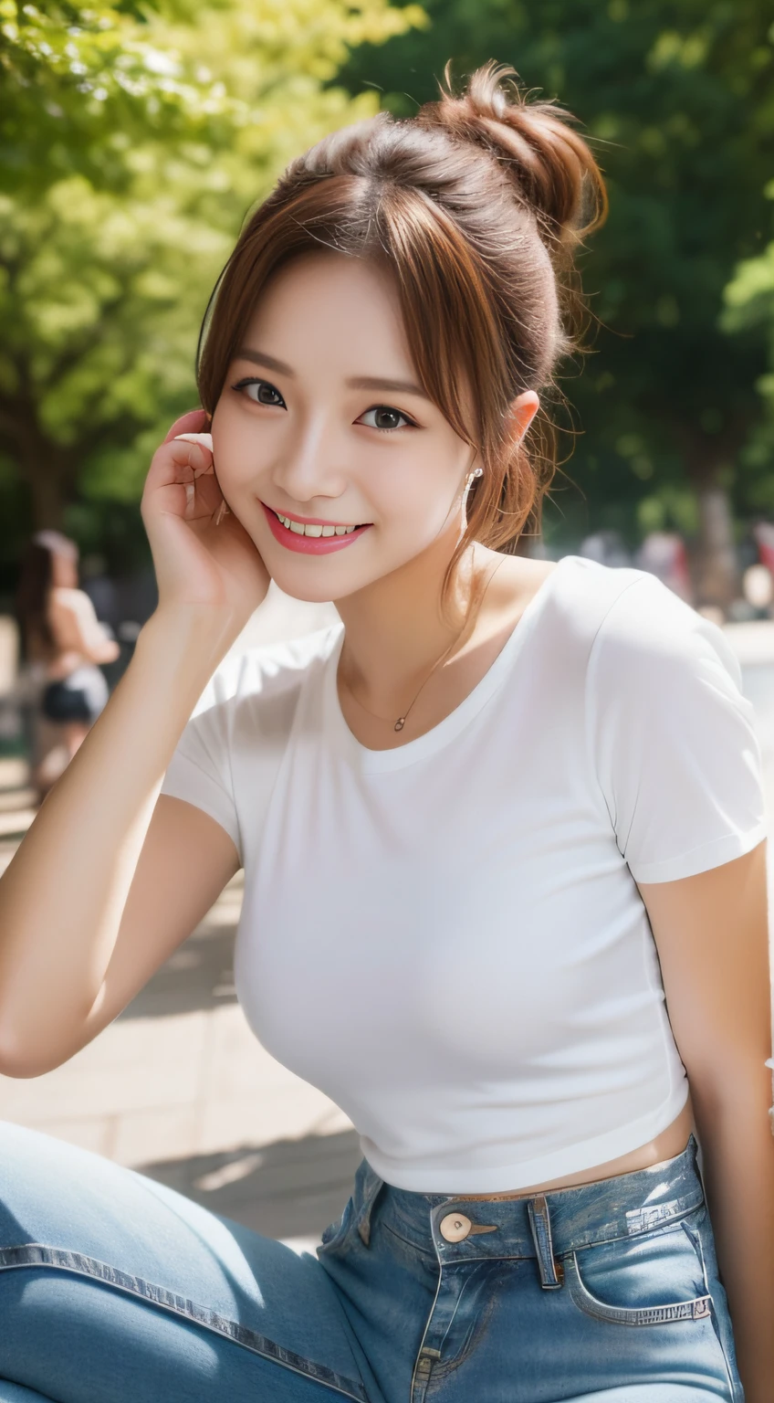 highest quality、8k、32K、Masseter muscle part、nffsw:1.3)、cute japanese girl、1 girl、long hair、profile、(crack your abs、slim body shape:1.2)、(lips) 、smiling showing teeth,（orange hair）、double eyelid、shiny skin、realistic rays of light、big、beautiful face、(laughter:1.3)、squat、(From above:1.2)、(Close-up:1.4)、coastal、white t-shirt、blurred background、(front focus)、(dark: 1.6)、fantasy art、photo realistic、professional lighting、highly detailed face、award-winning、deep shadow、((Ultra-realistic raw photos)),fine eyes,Eyes like the real thing,fine hair,