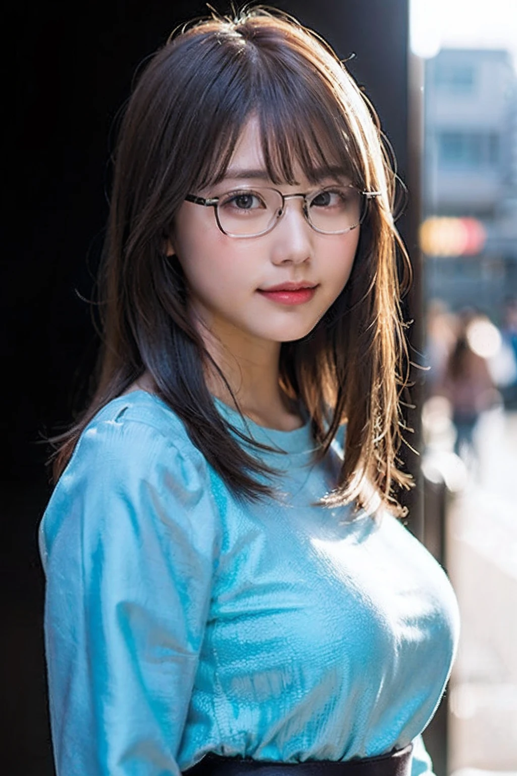 (8K、Raw photography、top-quality、​masterpiece:1.2)、(realisitic、Photorealsitic:1.37)、ultra-detailliert、超A high resolution、女の子1人、see the beholder、beautifull detailed face、A smile、Constriction、(Slim waist) :1.3)、((Light blue blouse clothes))、(large full breasts)、Beautiful detailed skin、Skin Texture、Floating hair、((length hair))、Professional Lighting、In front of the station at noon、((Black square glasses  ))、Whole human body、Brown hair