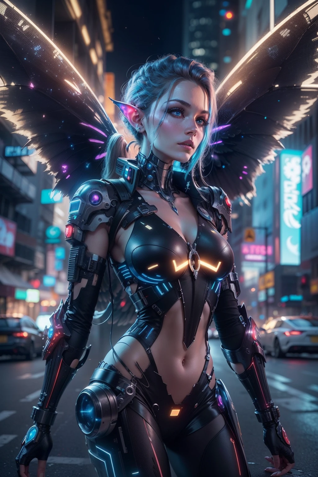 beautyful cyberpunk faery with wings of steel ultradetailed cyborg body in a night city siting on a futuristic Car locking at the viewer, Beautyfull Face, Steel wings with iluminations, Lens Flares,  4k Ultra Resolution , Bokee, Hyper real Reflections