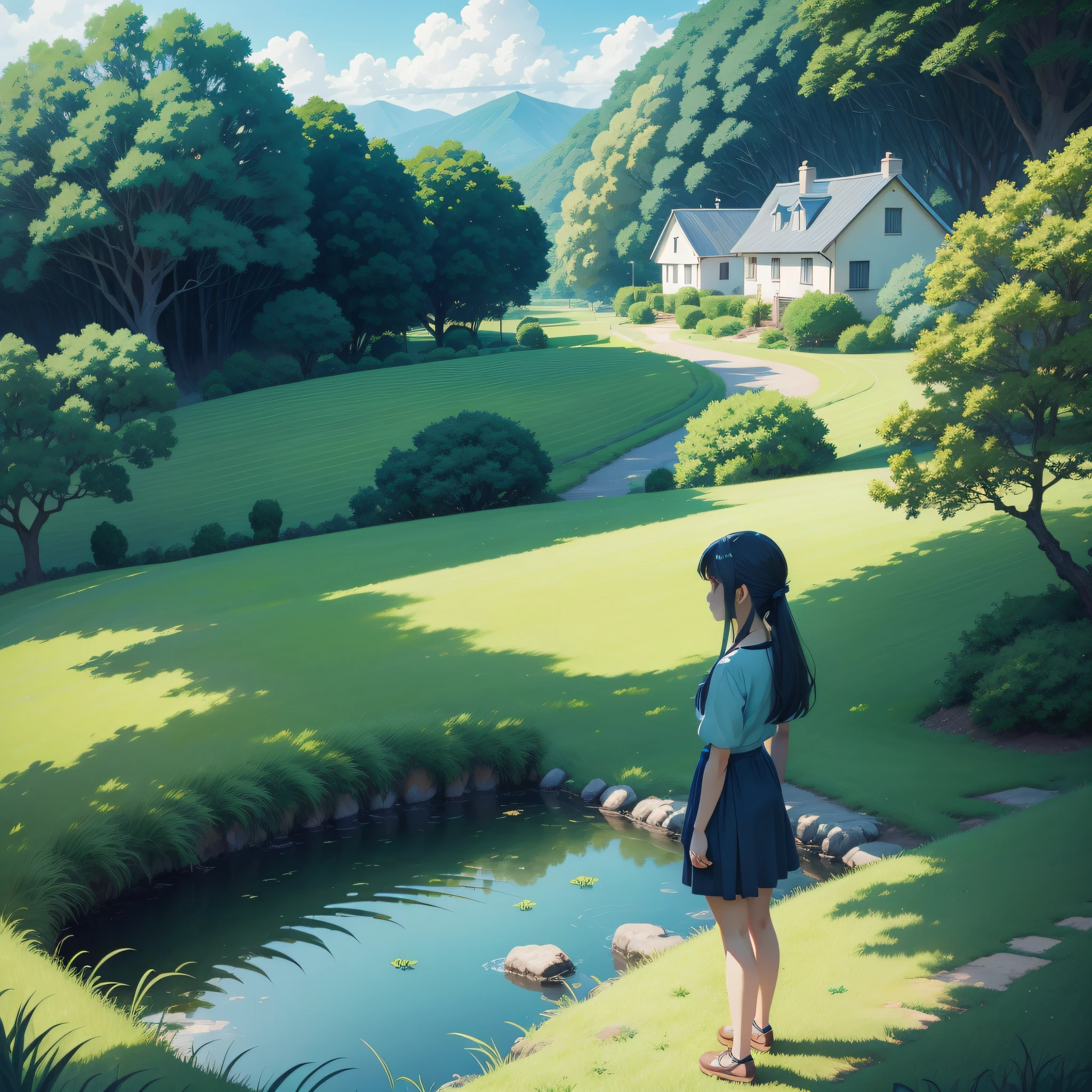 An anime film shot behind lush green grass and beautiful skies, In the style of flat strokes, idyllic setting, grandeza de escala, Azul escuro e azul celeste, paisagens coloridas, casas anime, house Ghibli, ar 16:9 Ghibli