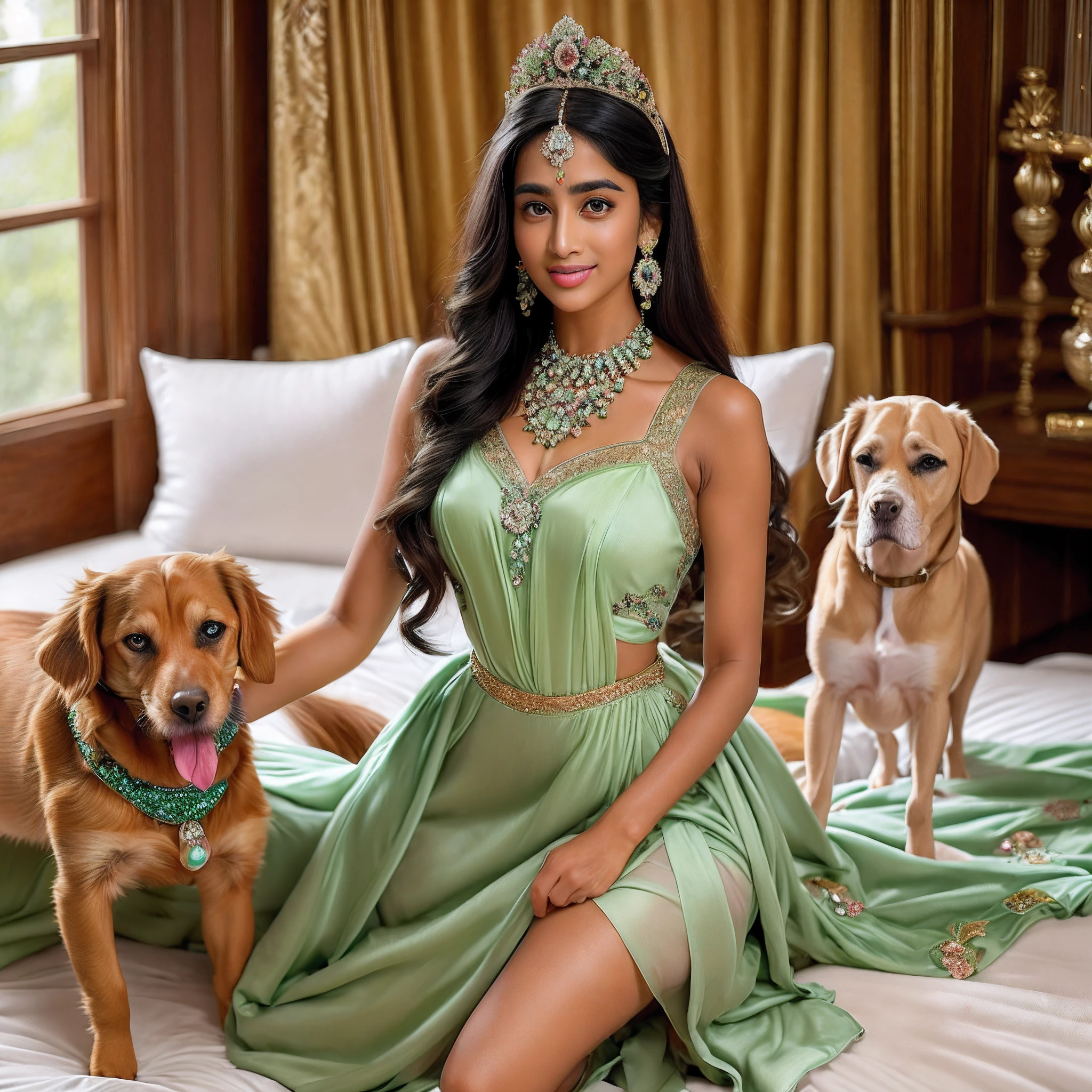 "Indian princess showcasing her toned stomach and long legs, adorned in an elegant jeweled light green dress, amidst a picturesque in bed. Playfully interacting with her dogs and dog licking princess leg. Realistic depiction with intricate details."