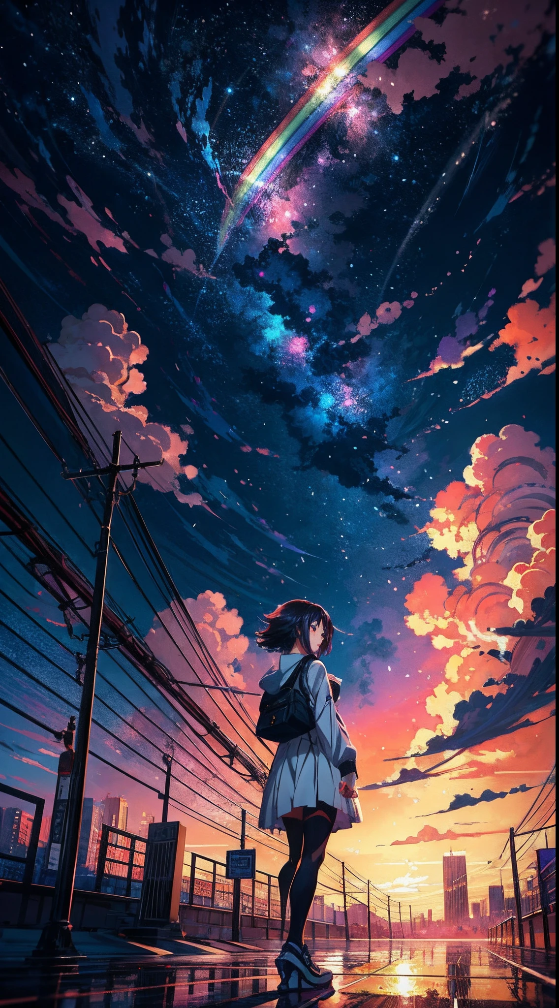 Anime girl standing in big city looking at rainbow sky,Near Future City、 makoto shinkai cyril rolando, anime art wallpaper 4k, anime art wallpaper 4k, Anime art wallpaper 8k, inspired by Cyril Rolando, in the style dan mumford artwork, amazing wallpapers, by Yuumei