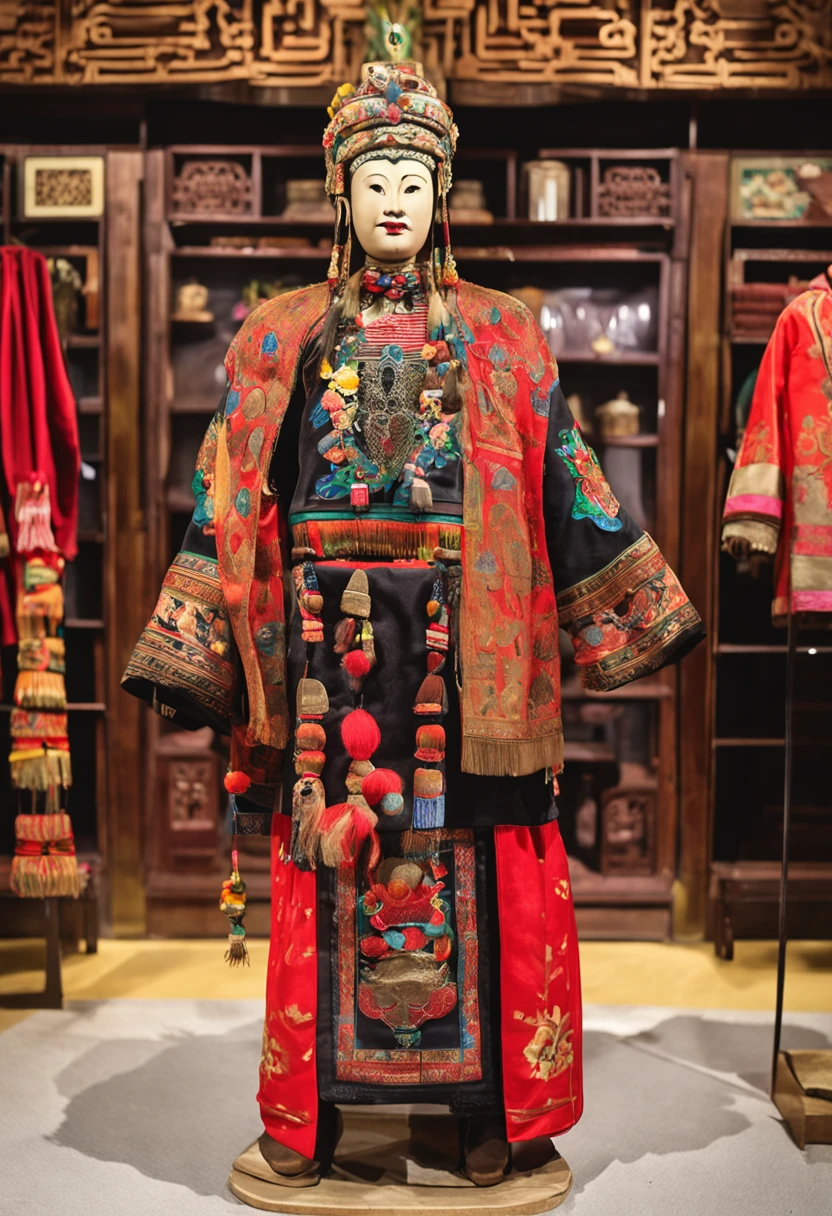 There is a display case，Inside there is a mannequin dressed in colorful clothes, traditionalcostumes, traditional garb, ornate mask and fabrics, traditional tai costume, traditionalcostumes, authentic costume, tai costume, an unknown ethnographic object, Well-preserved museum works, sukhothai costume, exquisite costumes, she is dressed in shaman clothes, Traditional clothing, Chinese costume, Russian clothing, museum artifact
